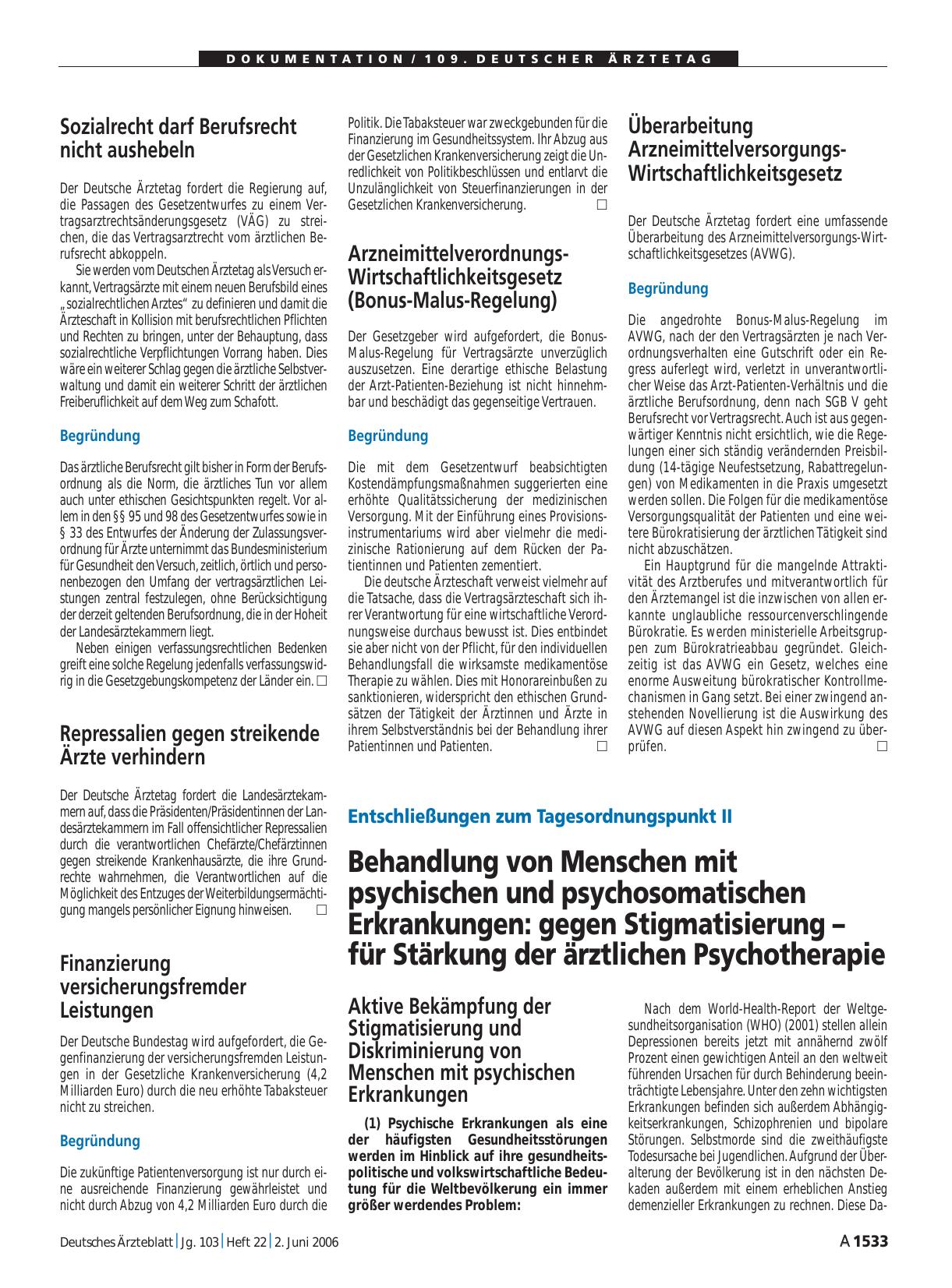 Vorschauseite 1: Entschließungen zum Tagesordnungspunkt II: Behandlung von Menschen mit psychischen und psychosomatischen Erkrankungen: gegen Stigmatisierung – für Stärkung der ärztlichen Psychoth…