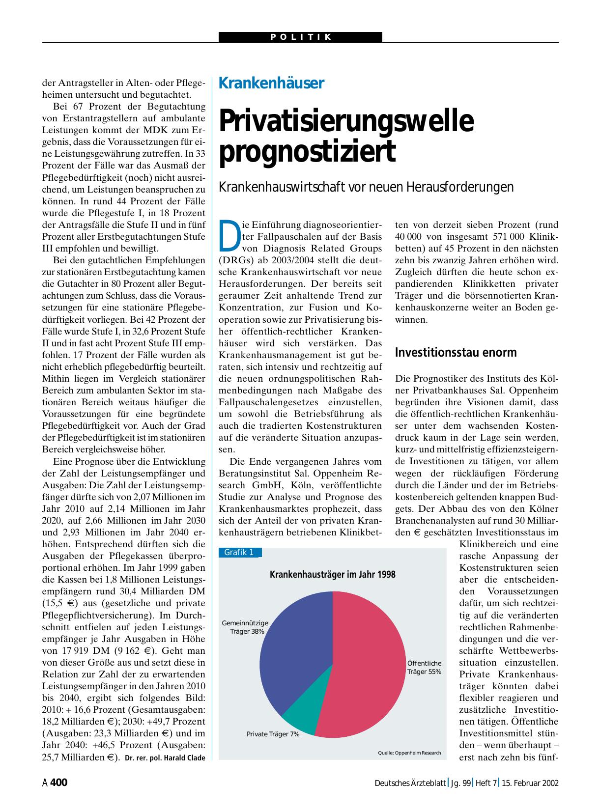 Vorschauseite 1: Krankenhäuser: Privatisierungswelle prognostiziert