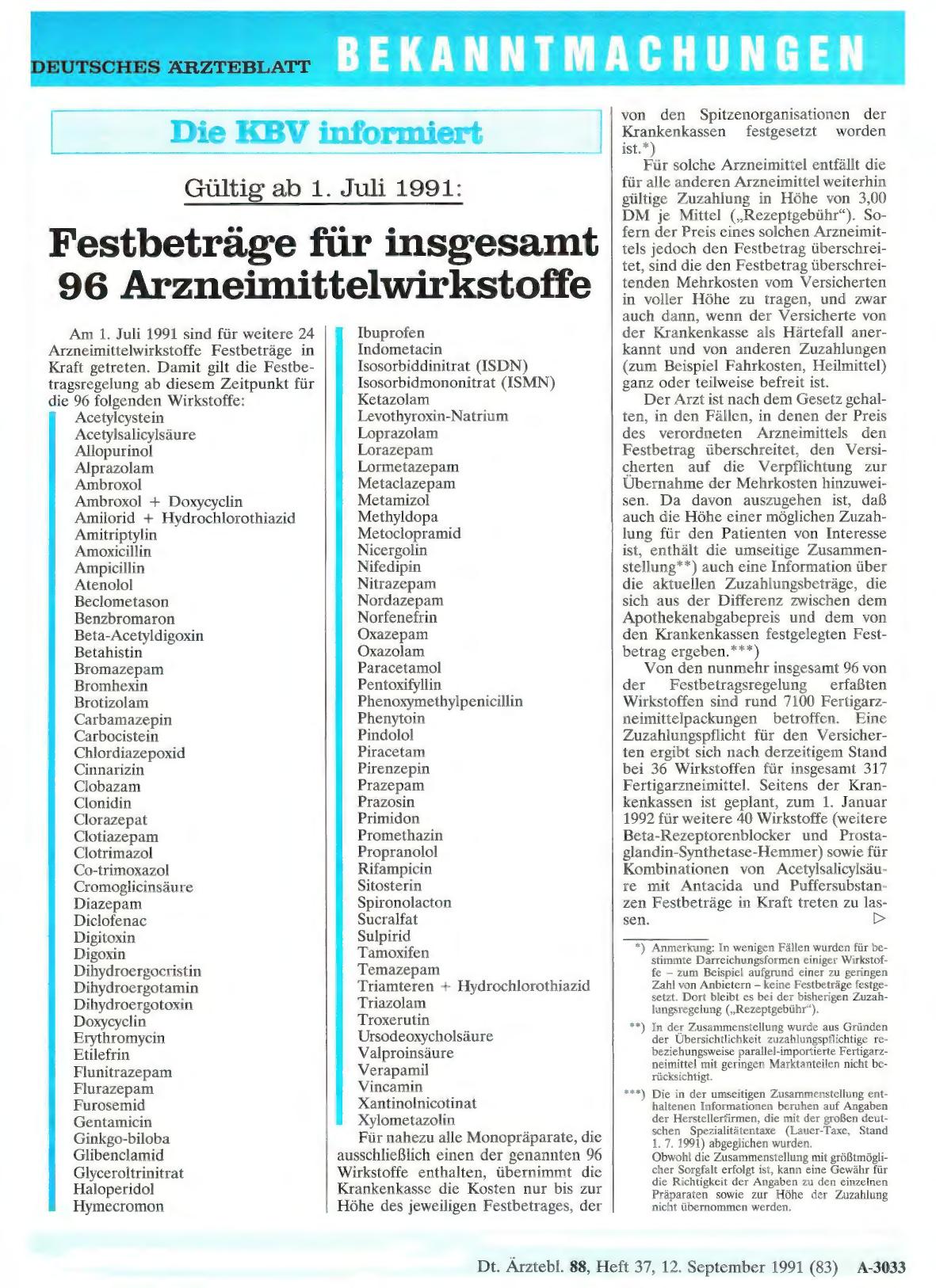 Vorschauseite 1: Gültig ab 1. Juli 1991: Festbeträge für insgesamt 96 Arzneimittelwirkstoffe