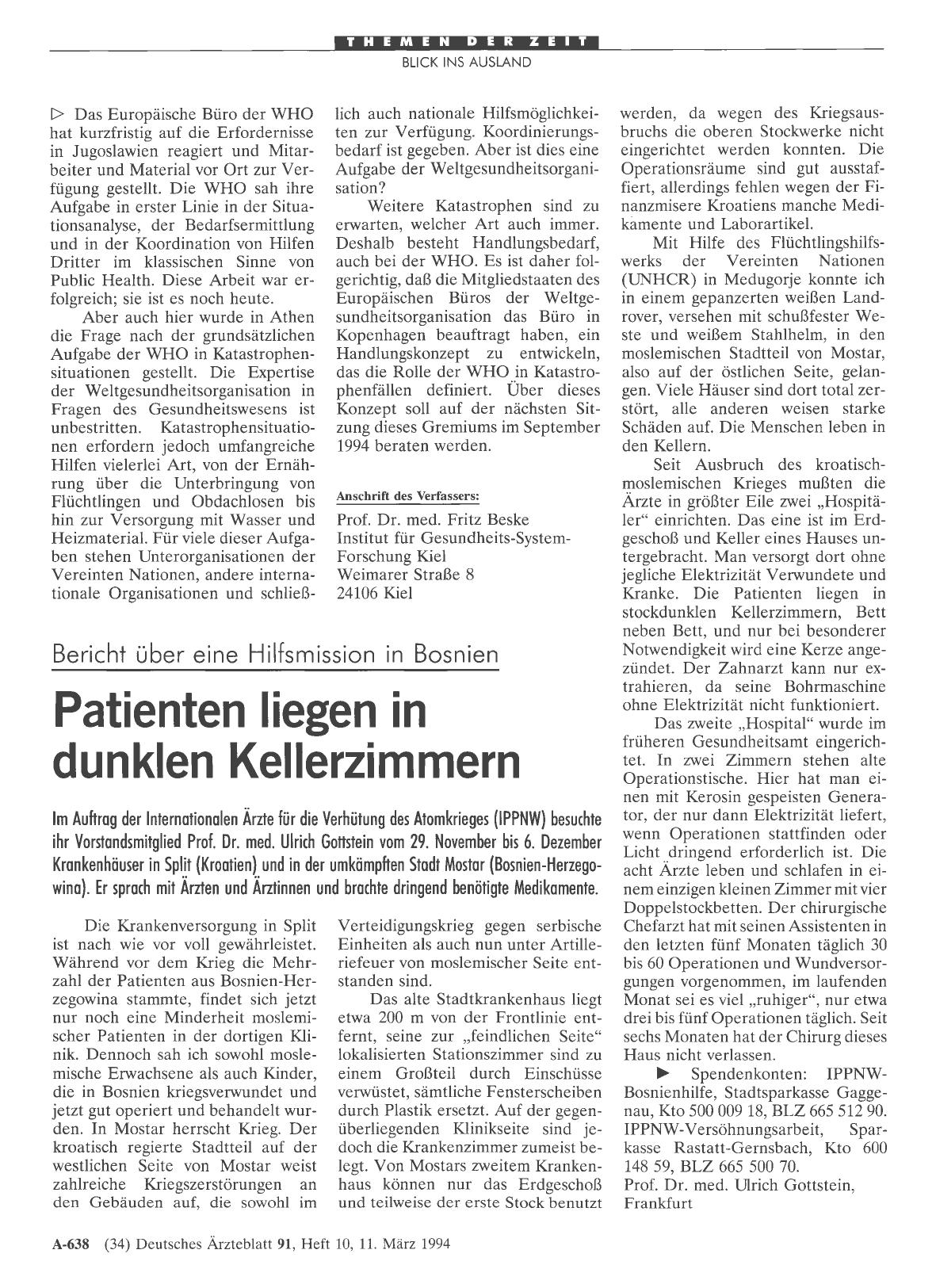 Vorschauseite 1: Bericht über eine Hilfsmission 1n Bosnien Patienten liegen in dunklen Kellerzimmern