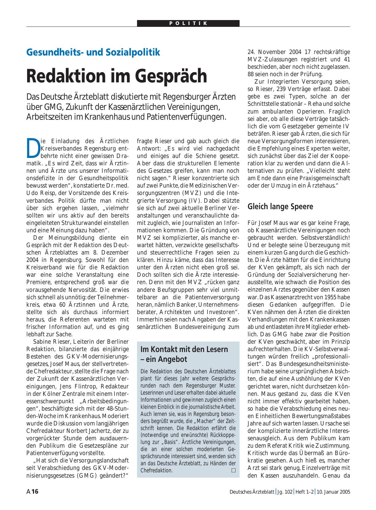 Vorschauseite 1: Gesundheitsund Sozialpolitik: Redaktion im Gespräch