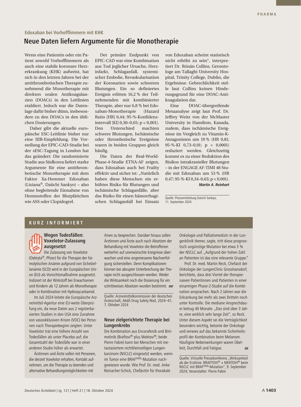 Vorschauseite 1: Edoxaban bei Vorhofflimmern mit KHK: Neue Daten liefern Argumente für die Monotherapie