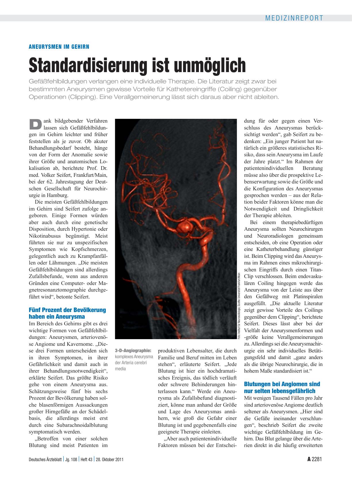 Vorschauseite 1: Aneurysmen im Gehirn: Standardisierung ist unmöglich