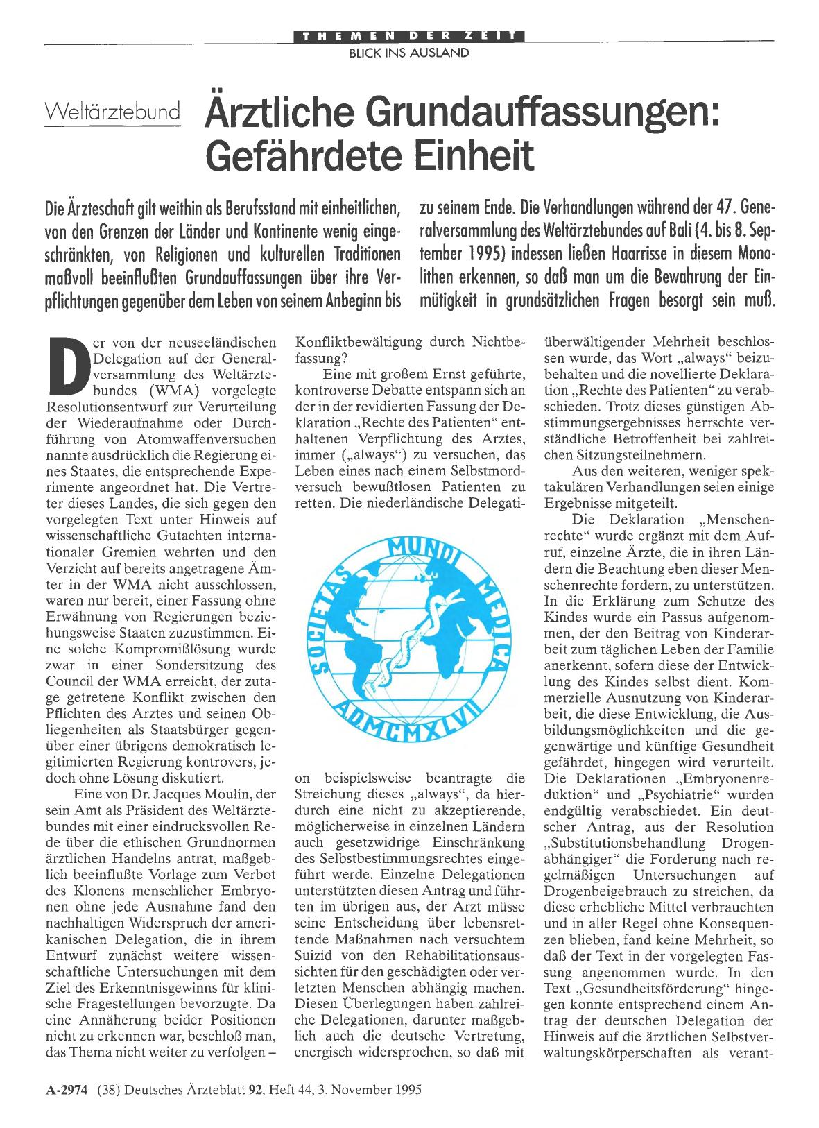 Vorschauseite 1: VVeltärztebund: Ärztliche Grundauffassungen: Gefährdete Einheit
