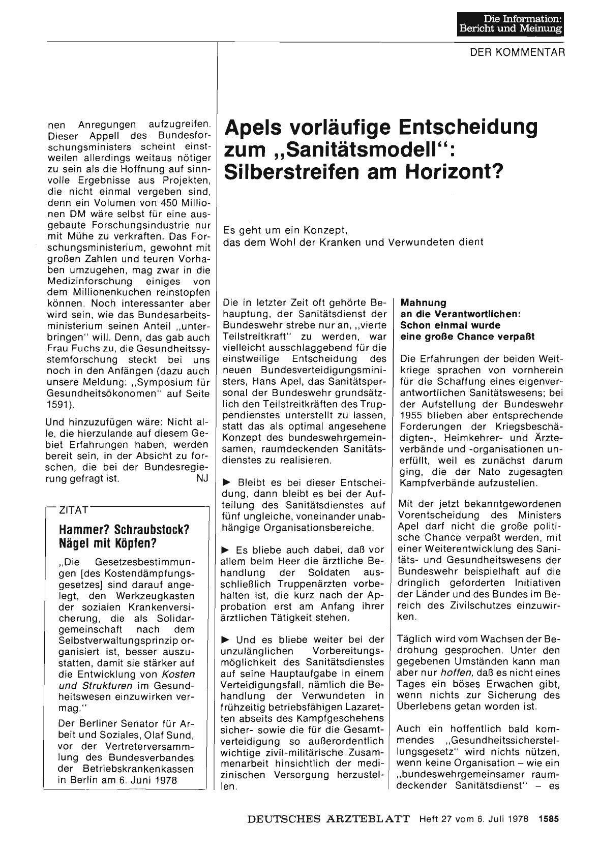 Vorschauseite 1: Apels vorläufige Entscheidung zum „Sanitätsmodell“: Silberstreifen am Horizont?