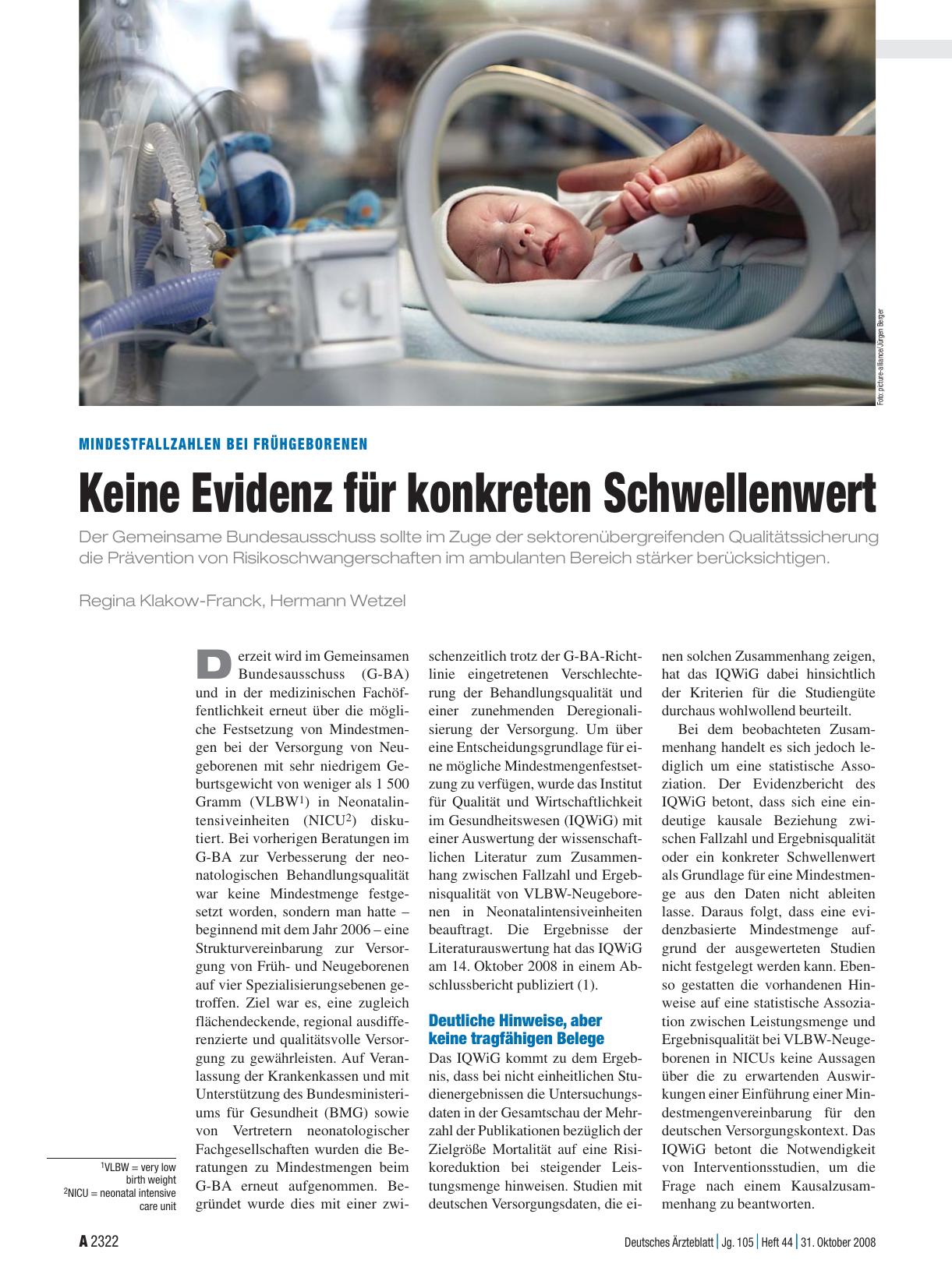 Vorschauseite 1: Mindestfallzahlen bei Frühgeborenen: Keine Evidenz für konkreten Schwellenwert