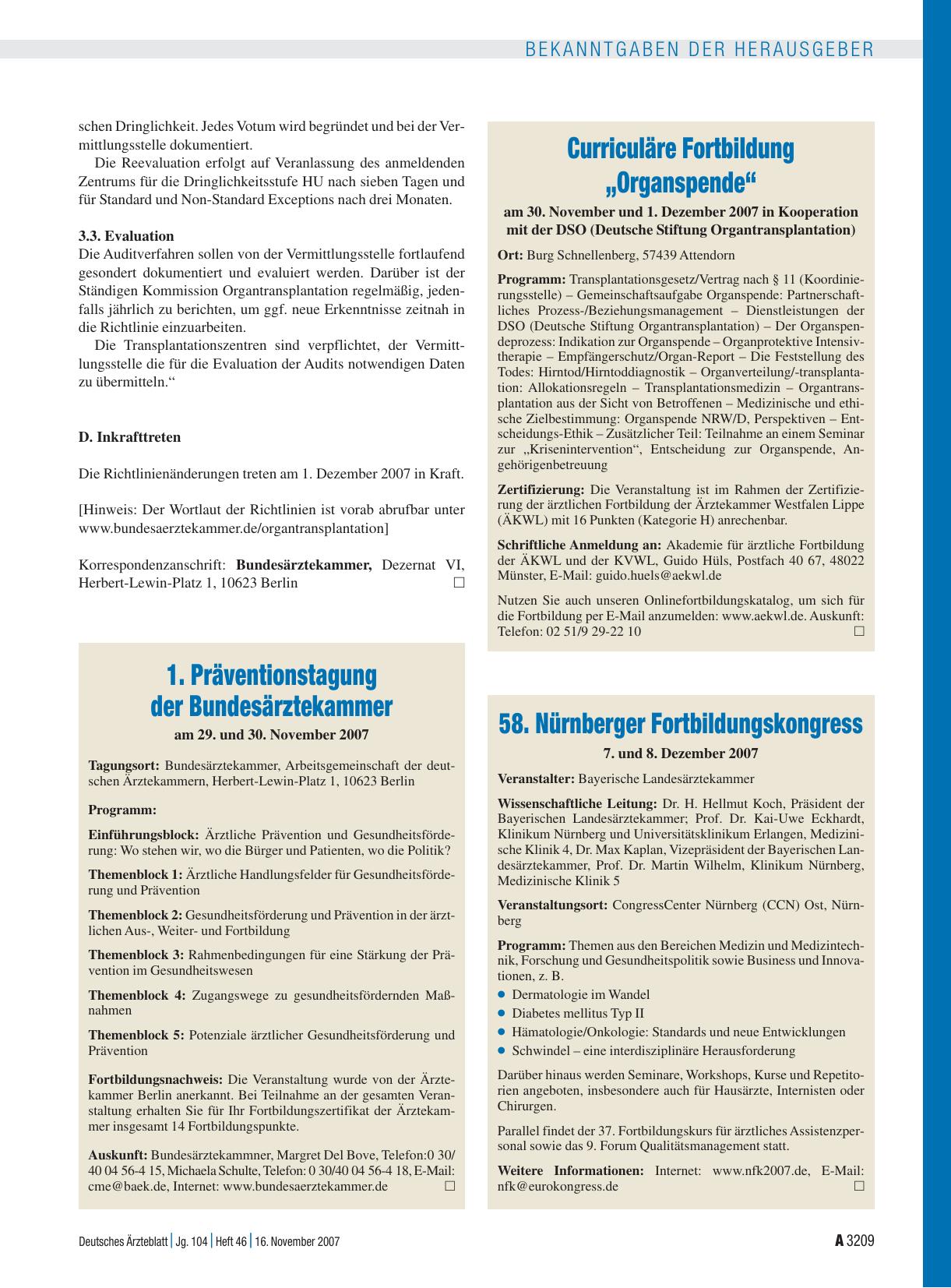 Vorschauseite 1: Curriculäre Fortbildung „Organspende“ am 30. November und 1. Dezember 2007 in Kooperation mit der DSO (Deutsche Stiftung Organtransplantation)