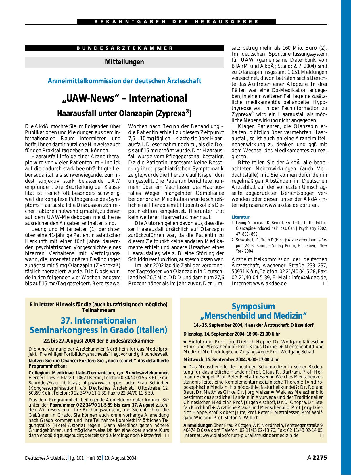 Vorschauseite 1: „UAW-News“ – International: Haarausfall unter Olanzapin (Zyprexa®)