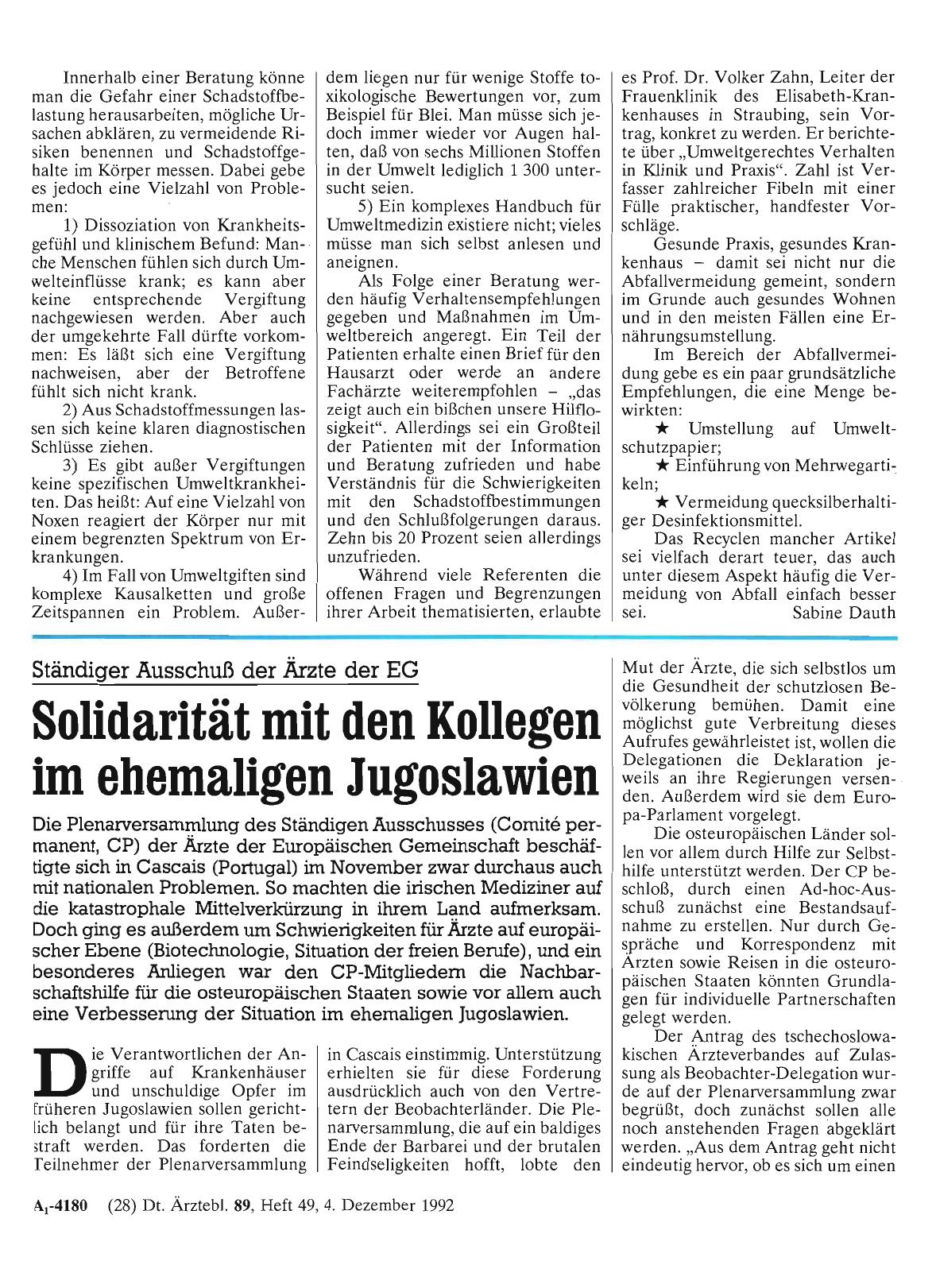 Vorschauseite 1: Ständiger Ausschuß der Ärzte der EG: Solidarität mit den Kollegen im ehemaligen Jugoslawien