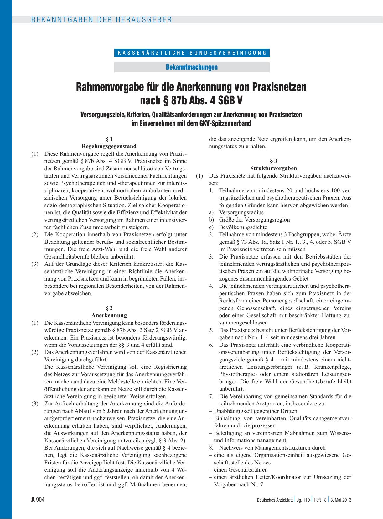 Vorschauseite 1: Rahmenvorgabe für die Anerkennung von Praxisnetzen nach § 87b Abs. 4 SGB V Versorgungsziele, Kriterien, Qualitätsanforderungen zur Anerkennung von Praxisnetzen im Einvernehmen mit…
