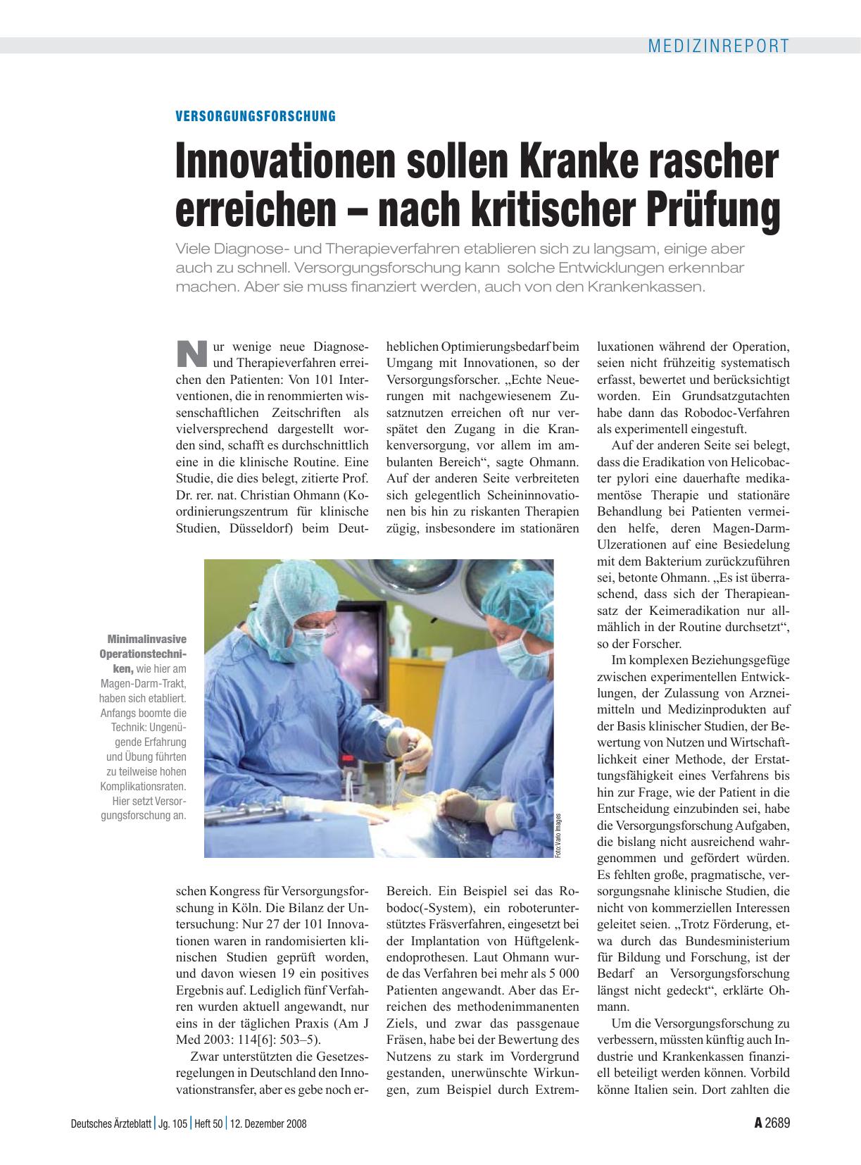 Vorschauseite 1: Versorgungsforschung: Innovationen sollen Kranke rascher erreichen – nach kritischer Prüfung