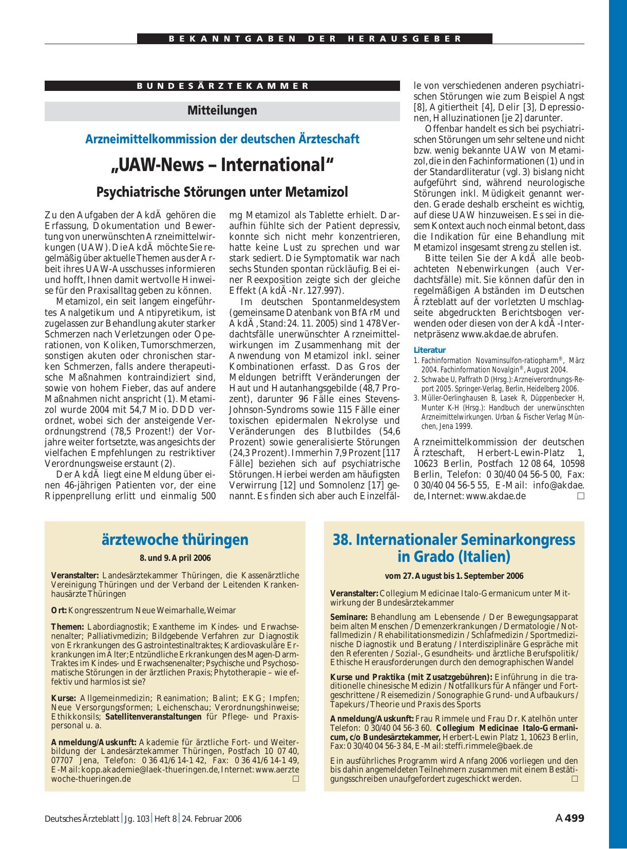 Vorschauseite 1: ärztewoche thüringen: 8. und 9. April 2006