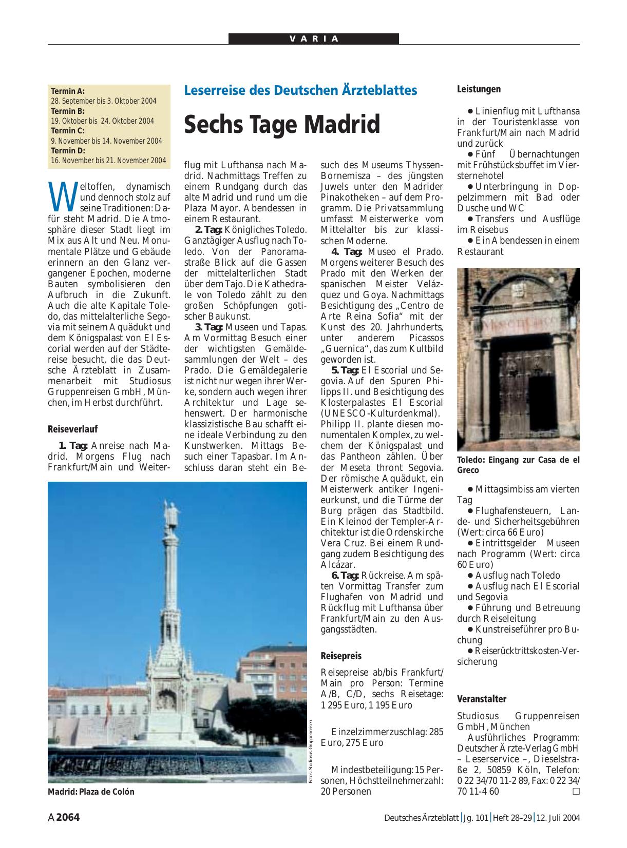 Vorschauseite 1: Leserreise des Deutschen Ärzteblattes: Sechs Tage Madrid