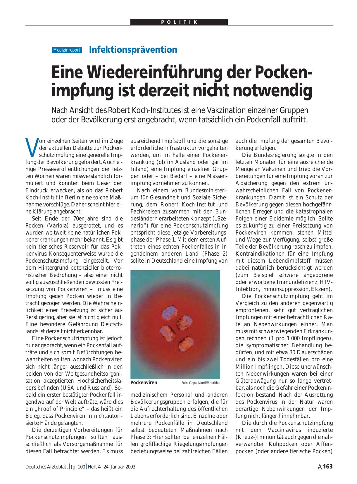 Vorschauseite 1: Infektionsprävention: Eine Wiedereinführung der Pockenimpfung ist derzeit nicht notwendig