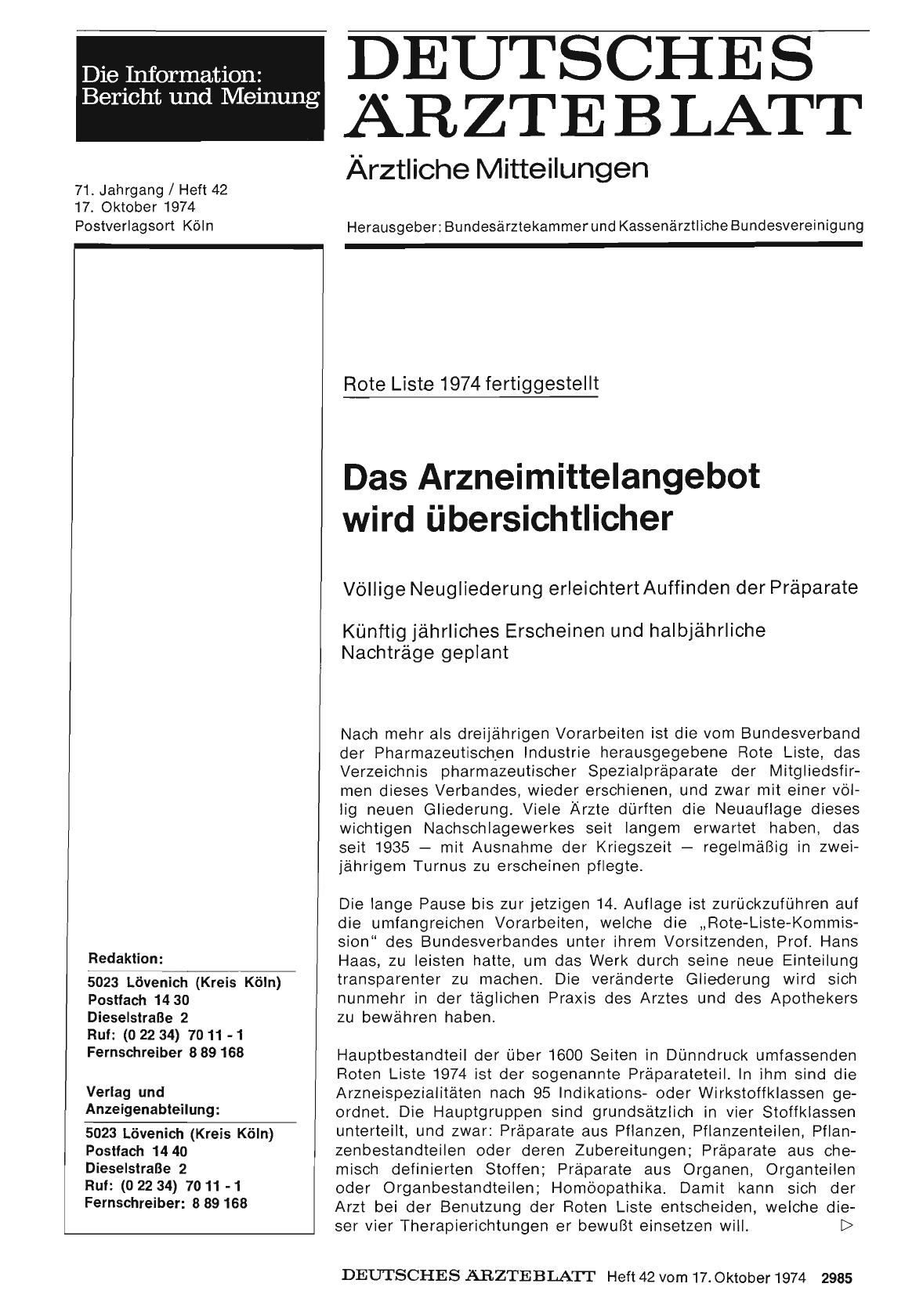Vorschauseite 1: Rote Liste 1974 fertiggestellt: Das Arzneimittelangebot wird übersichtlicher
