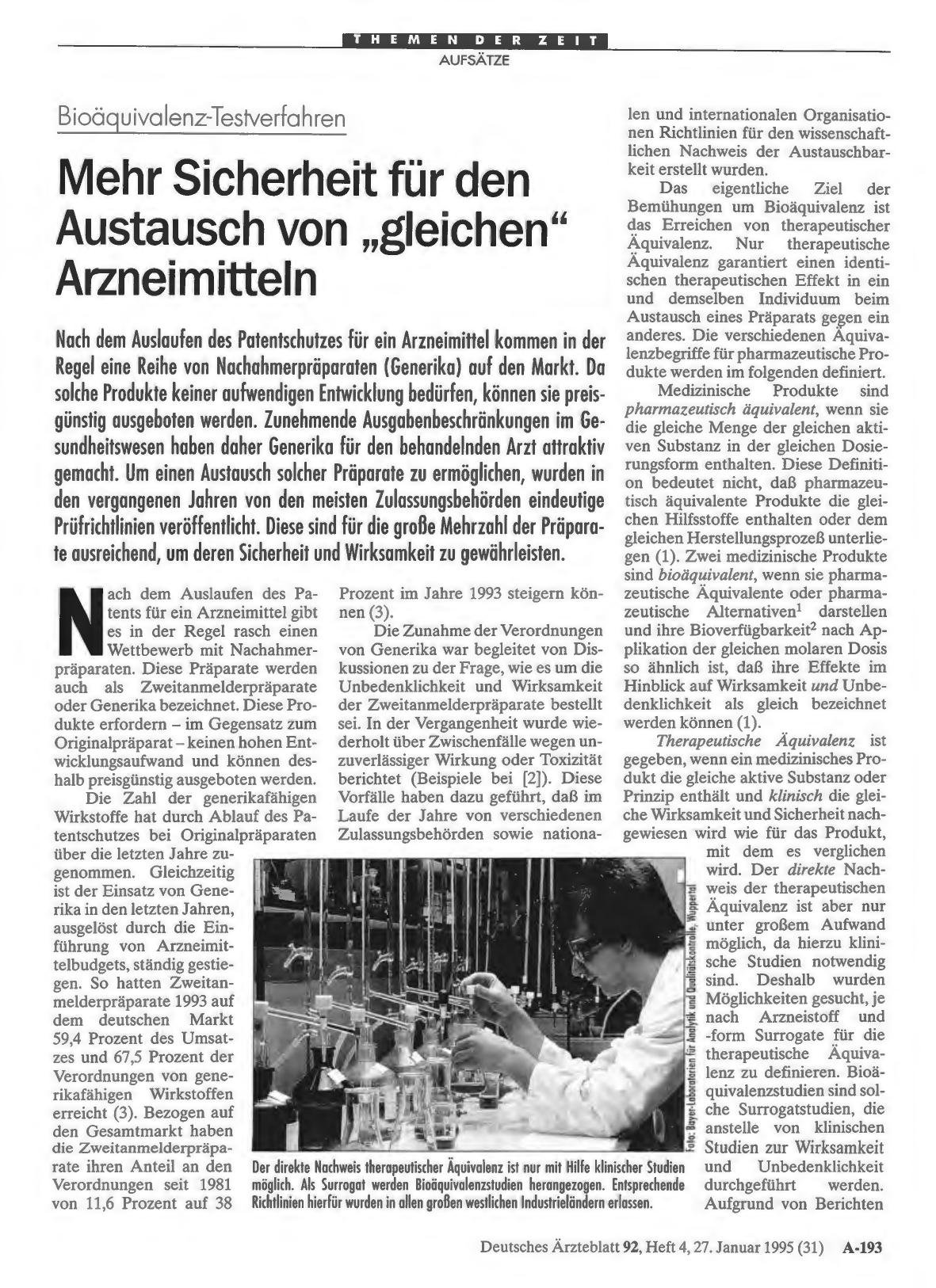 Vorschauseite 1: Bioäquivalenz-Testverfahren: Mehr Sicherheit für den Austausch von „gleichen“ Arzneimitteln
