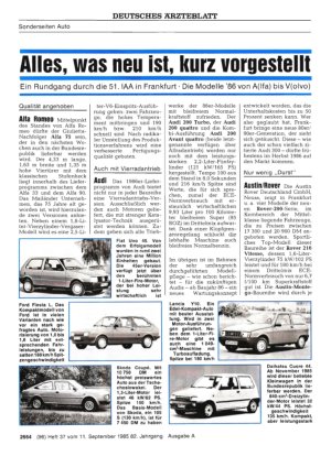 Vorschauseite 1: Alles, was neu ist, kurz vorgestellt: Ein Rundgang durch die 51. IAA in Frankfurt • Die Modelle '86 von A(Ifa) bis V(olvo)