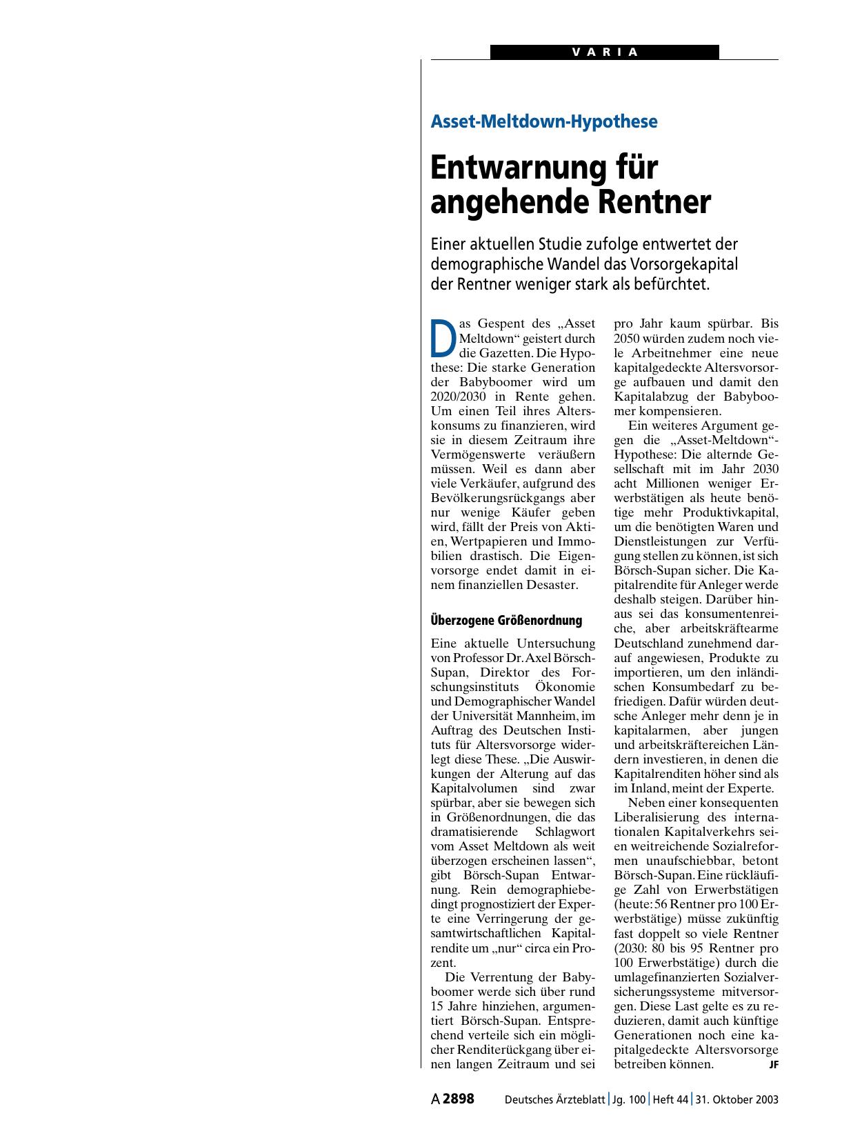 Vorschauseite 1: Asset-Meltdown-Hypothese: Entwarnung für angehende Rentner