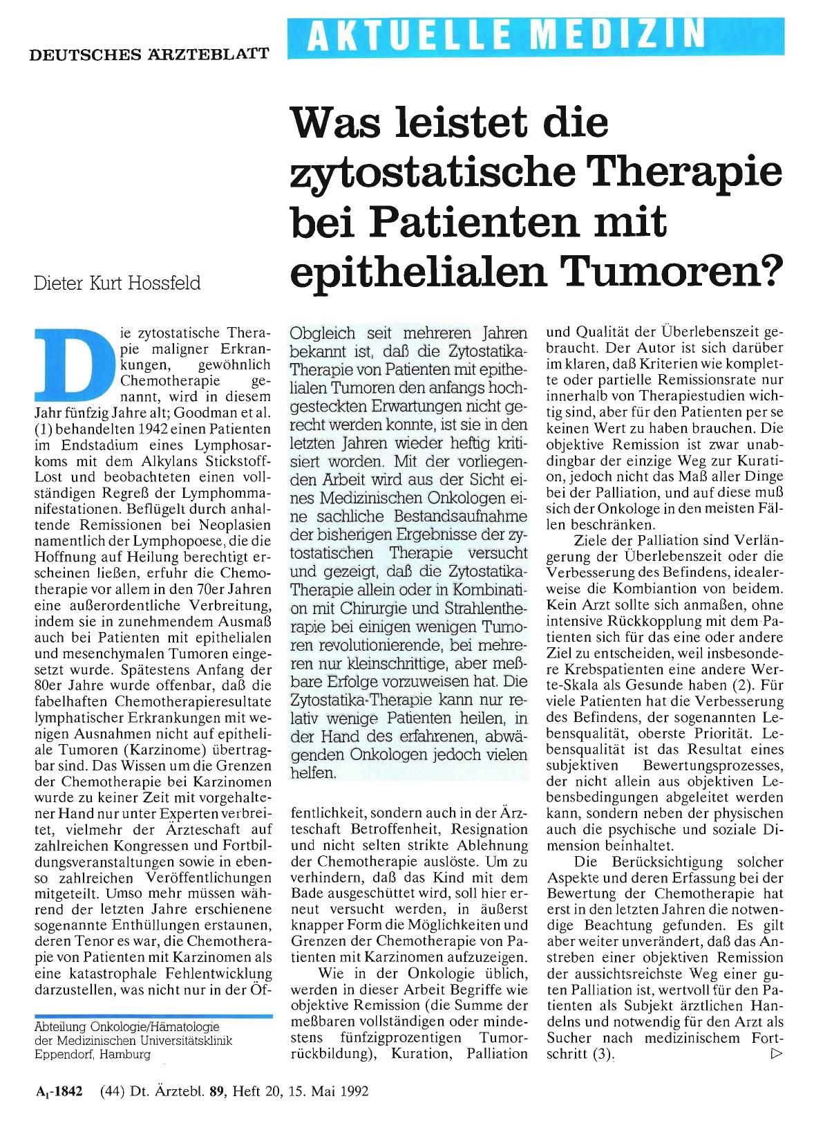 Vorschauseite 1: Was leistet die zytostatische Therapie bei Patienten mit epithelialen Tumoren?
