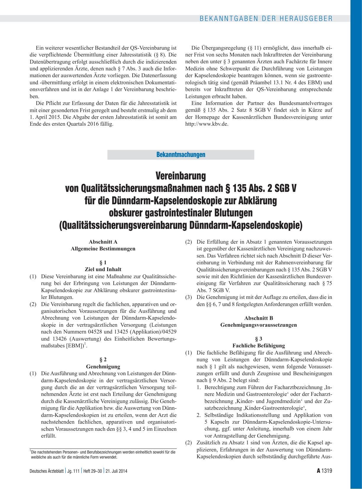 Vorschauseite 1: Vereinbarung von Qualitätssicherungsmaßnahmen nach § 135 Abs. 2 SGB V für die Dünndarm-Kapselendoskopie zur Abklärung obskurer gastrointestinaler Blutungen (Qualitätssicherungsver…