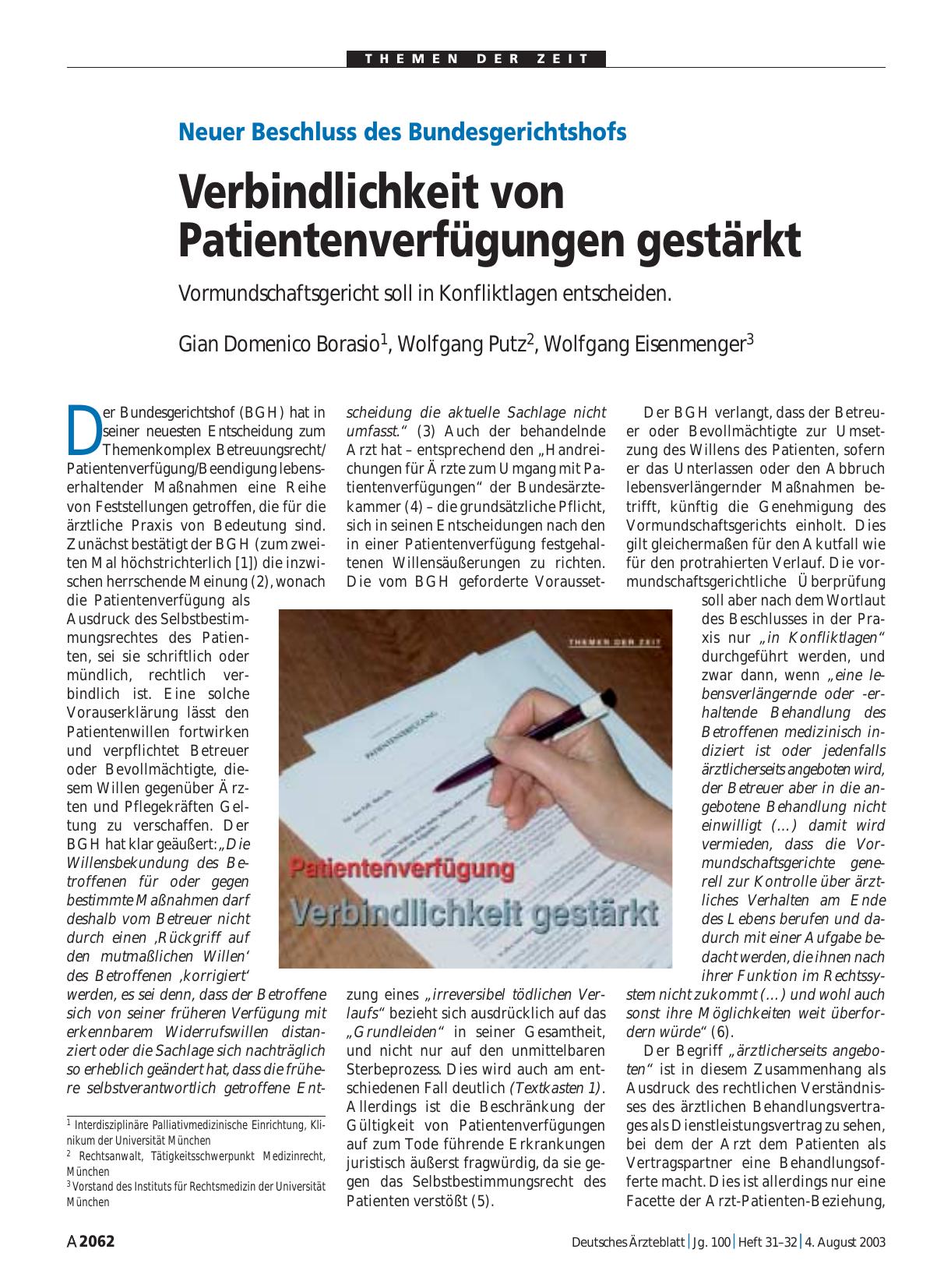 Vorschauseite 1: Neuer Beschluss des Bundesgerichtshofs: Verbindlichkeit von Patientenverfügungen gestärkt