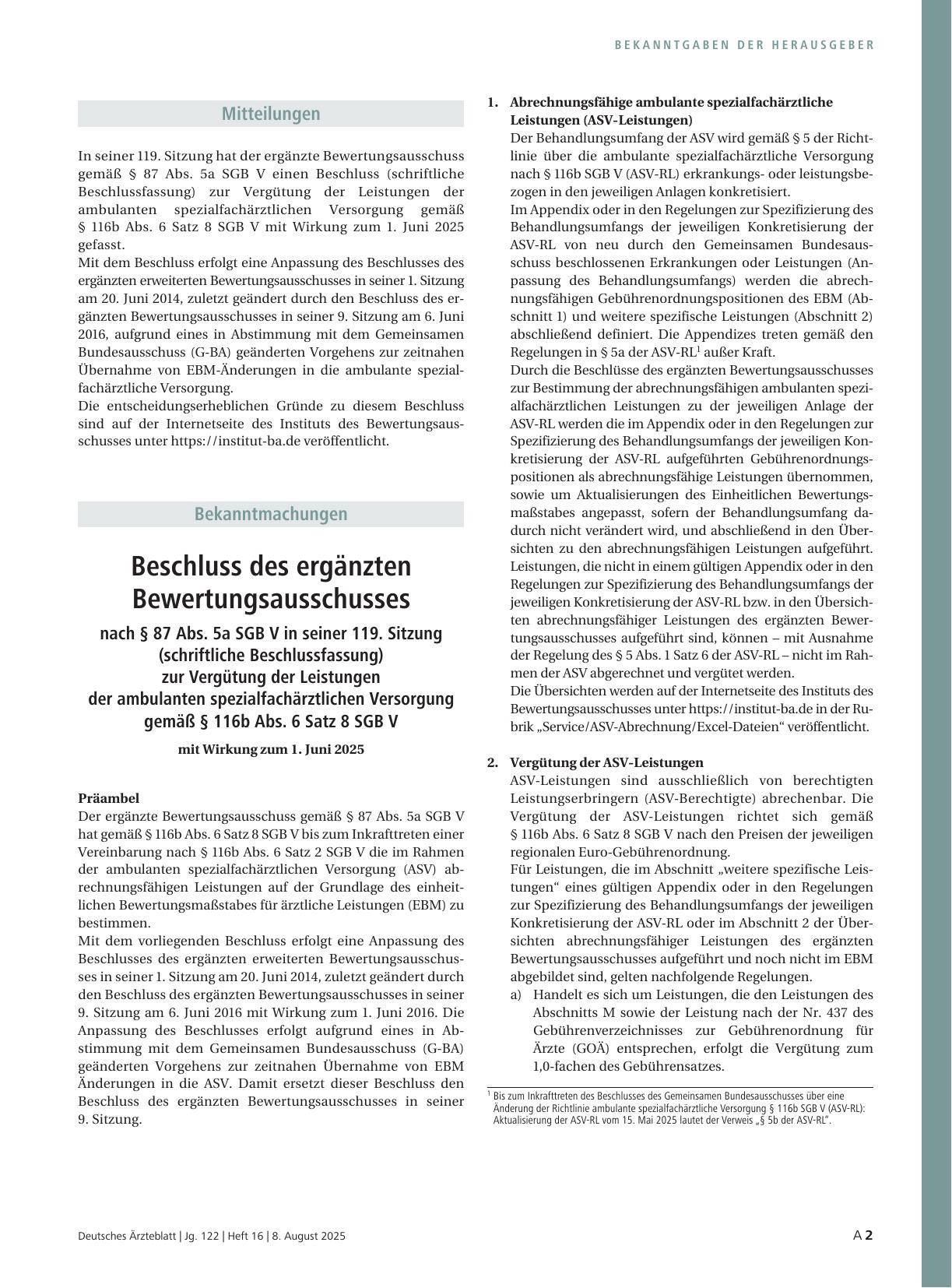 Vorschauseite 1: Beschluss des ergänzten Bewertungsausschusses nach § 87 Abs. 5a SGB V in seiner 119. Sitzung (schriftliche Beschlussfassung) zur Vergütung der Leistungen der ambulanten spezialfac…