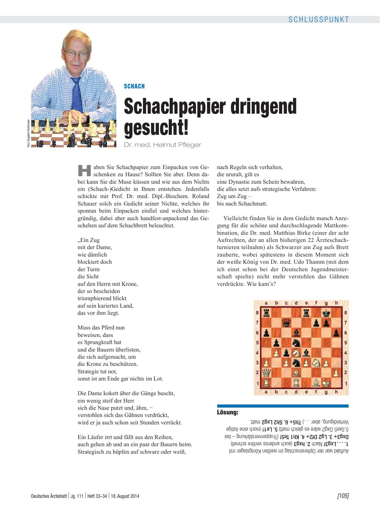 Vorschauseite 1: Schach: Schachpapier dringend gesucht!