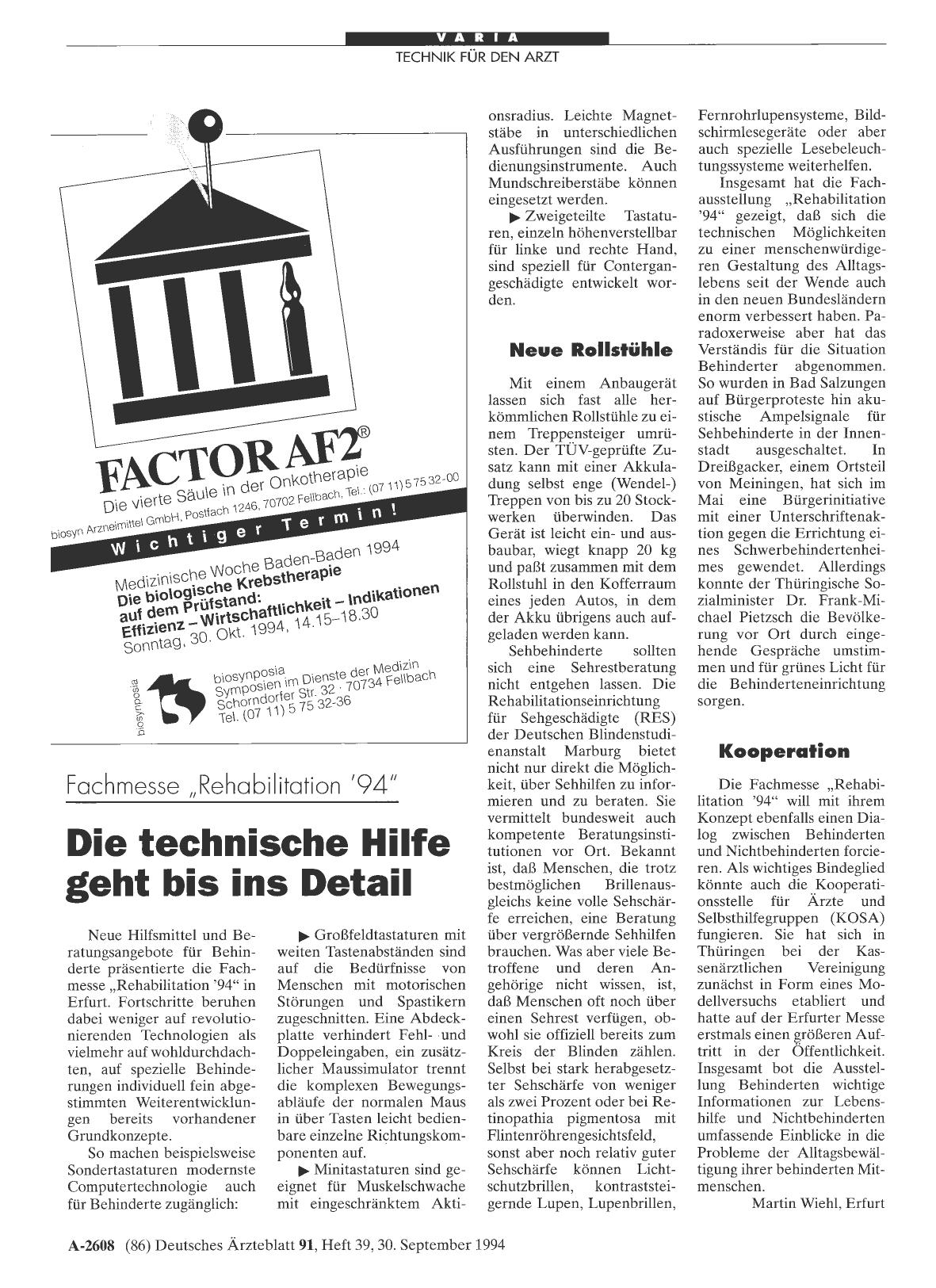 Vorschauseite 1: Fachmesse „Rehabilitation '94“: Die technische Hilfe geht bis ins Detail