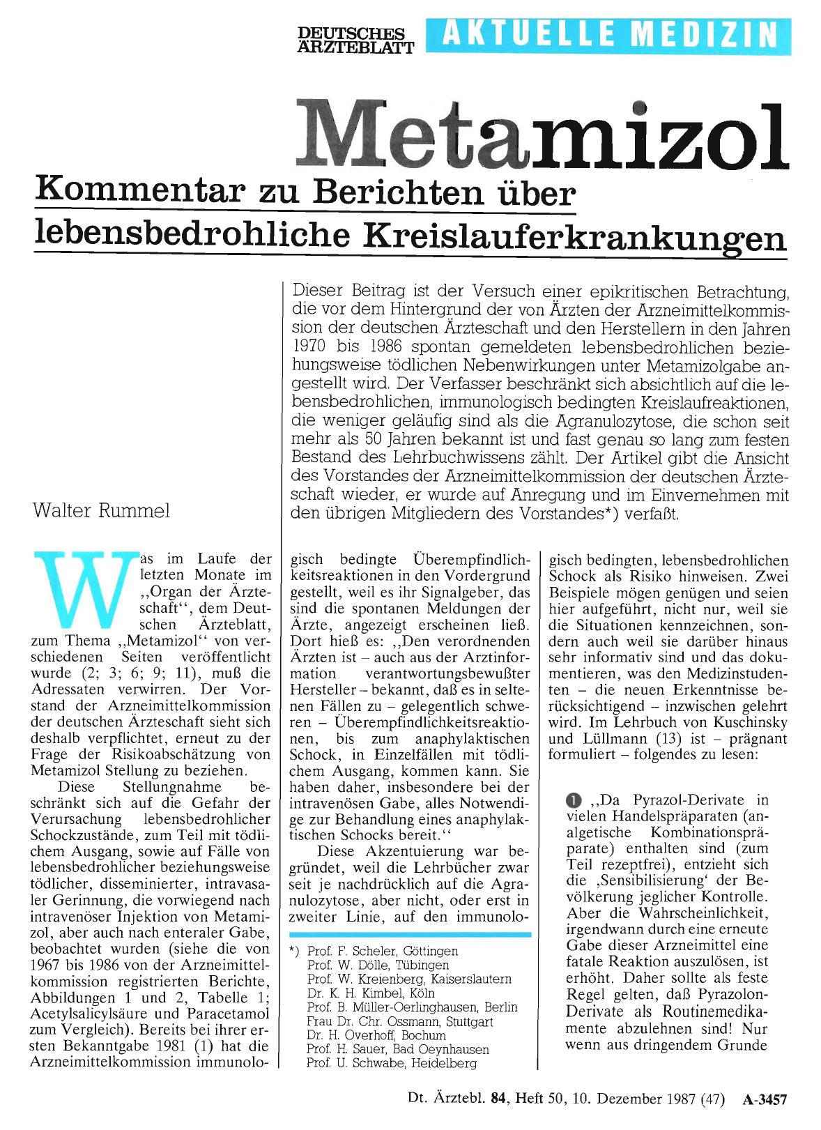 Vorschauseite 1: Metamizol: Kommentar zu Berichten über lebensbedrohliche Kreislauferkrankungen