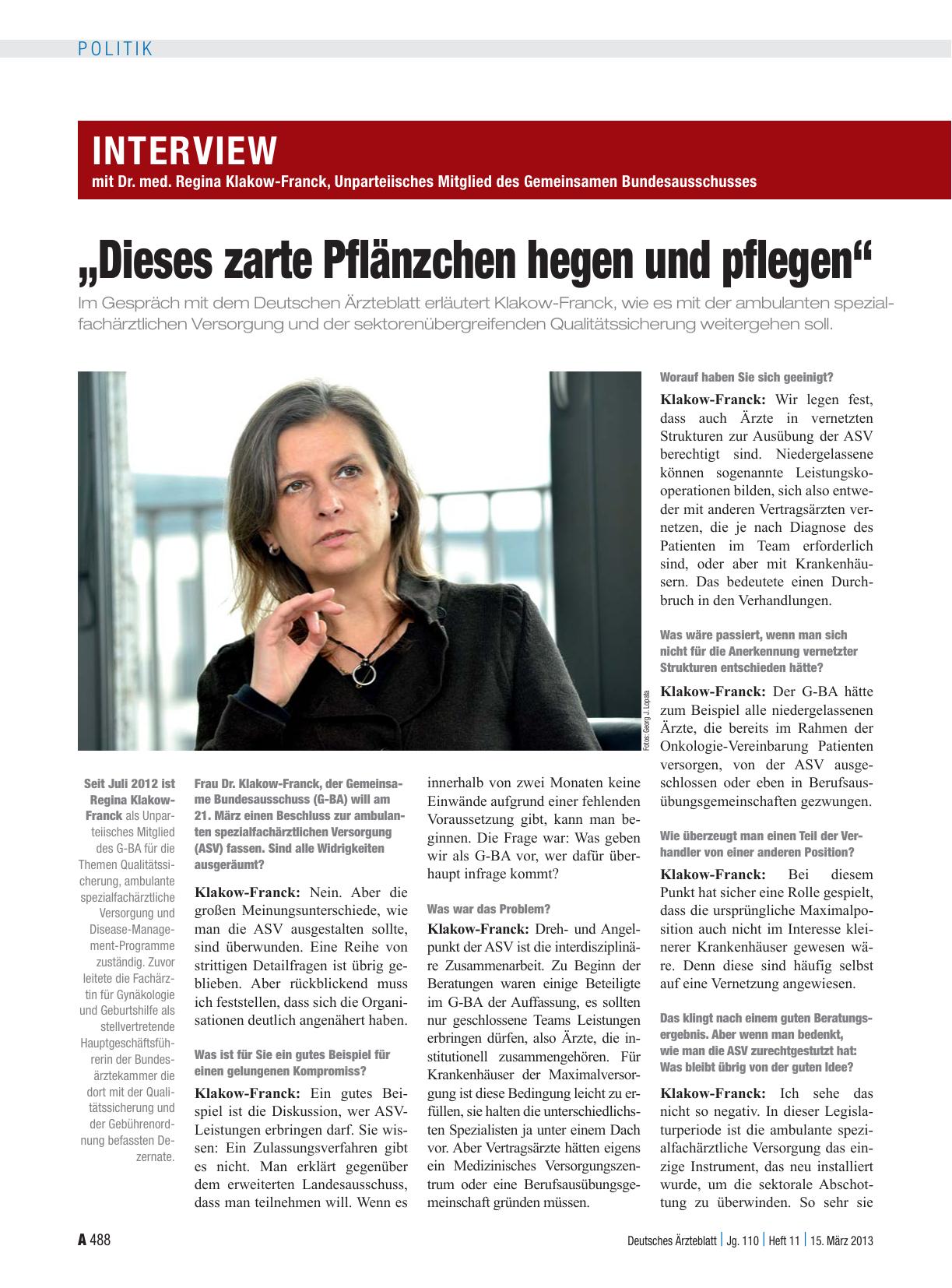 Vorschauseite 1: Interview mit Dr. med. Regina Klakow-Franck, Unparteiisches Mitglied des Gemeinsamen Bundesausschusses: „Dieses zarte Pflänzchen hegen und pflegen“