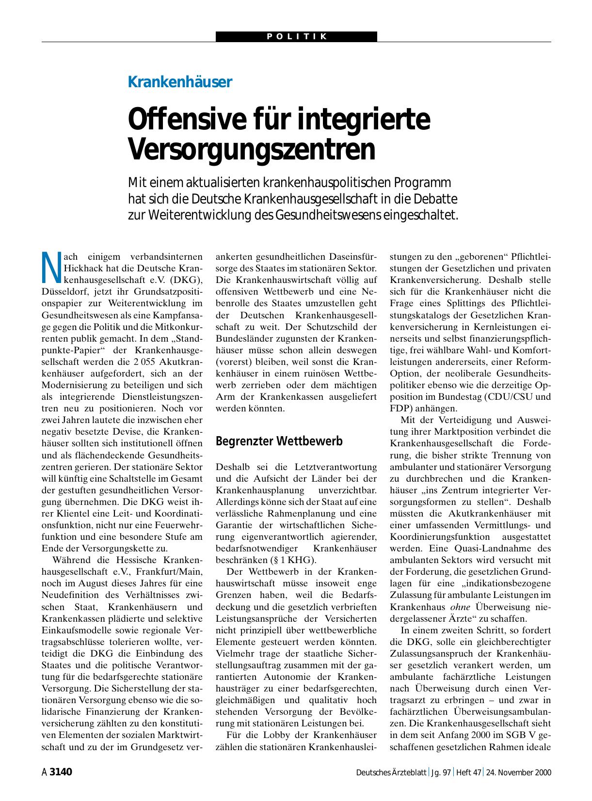 Vorschauseite 1: Krankenhäuser: Offensive für integrierte Versorgungszentren