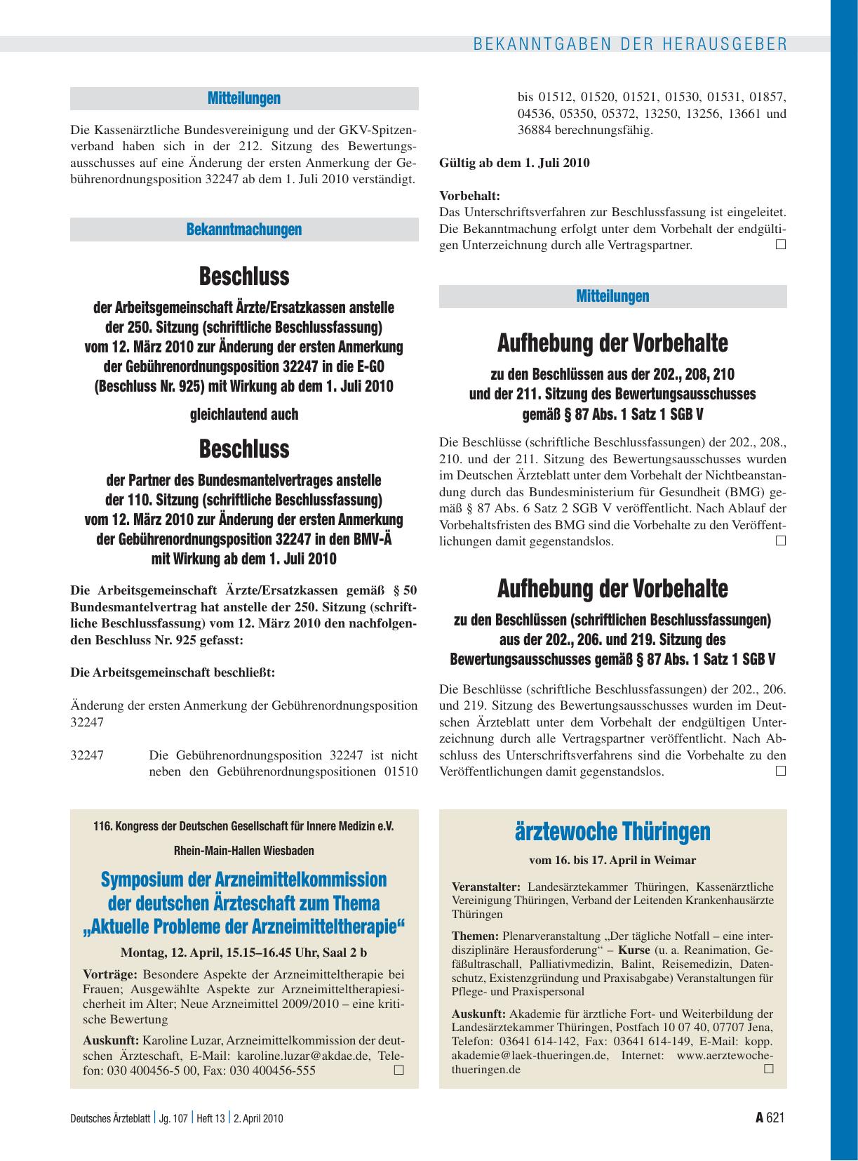 Vorschauseite 1: Mitteilungen: Aufhebung der Vorbehalte zu den Beschlüssen aus der 202. , 208, 210 und der 211. Sitzung des Bewertungsausschusses gemäß § 87 Abs. 1 Satz 1 SGB V