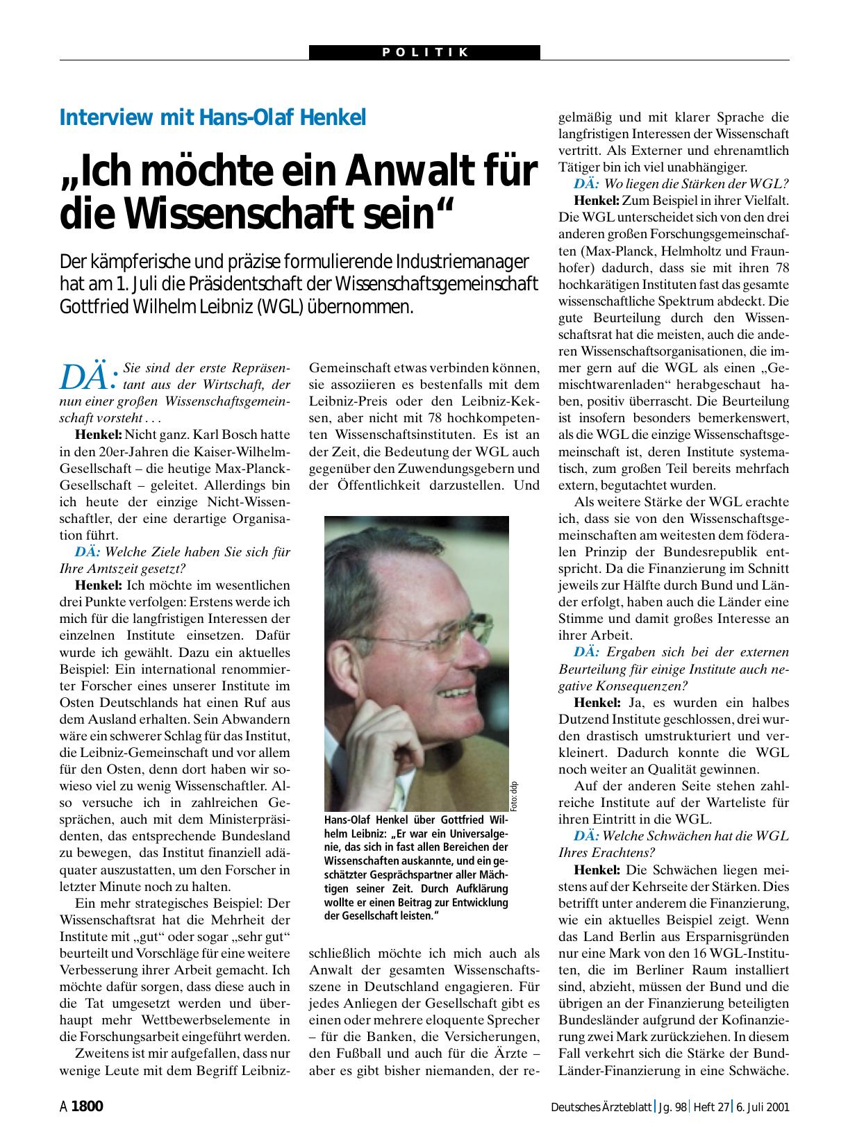 Vorschauseite 1: Interview mit Hans-Olaf Henkel „Ich möchte ein Anwalt für die Wissenschaft sein“
