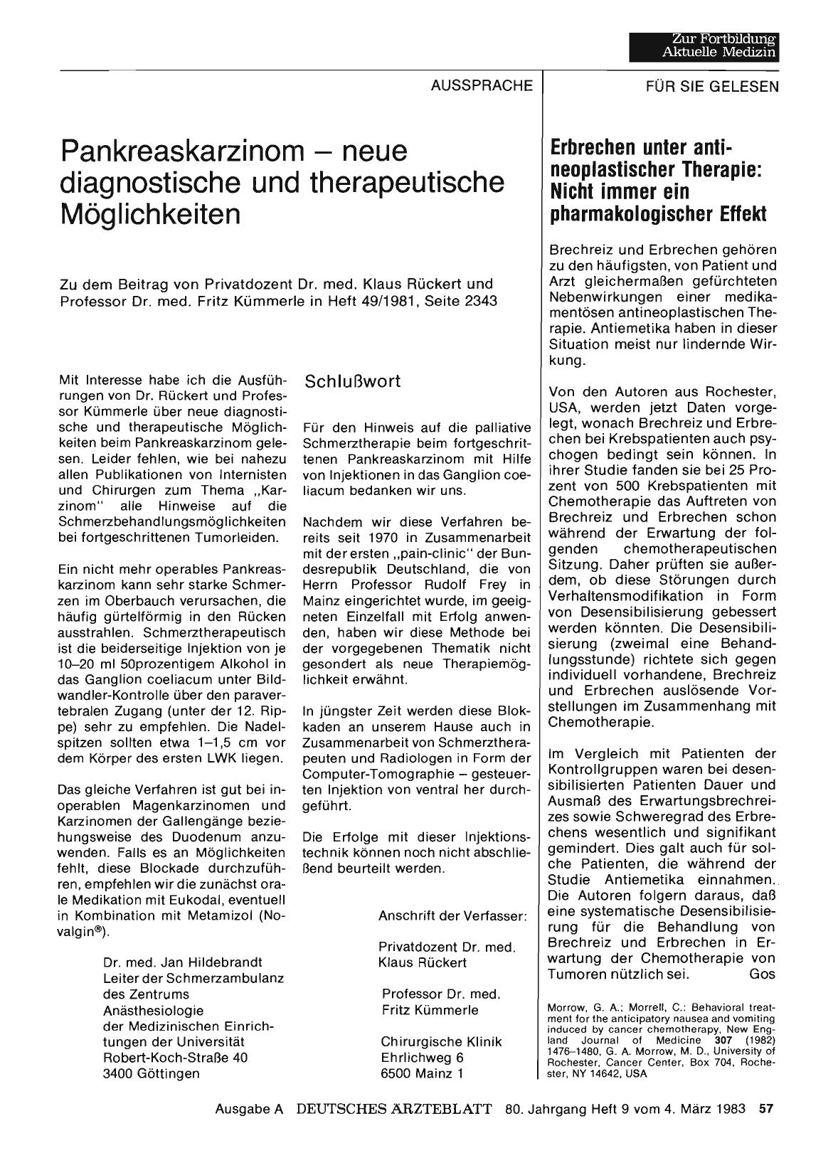 Vorschauseite 1: Pankreaskarzinom — neue diagnostische und therapeutische Möglichkeiten: I.
