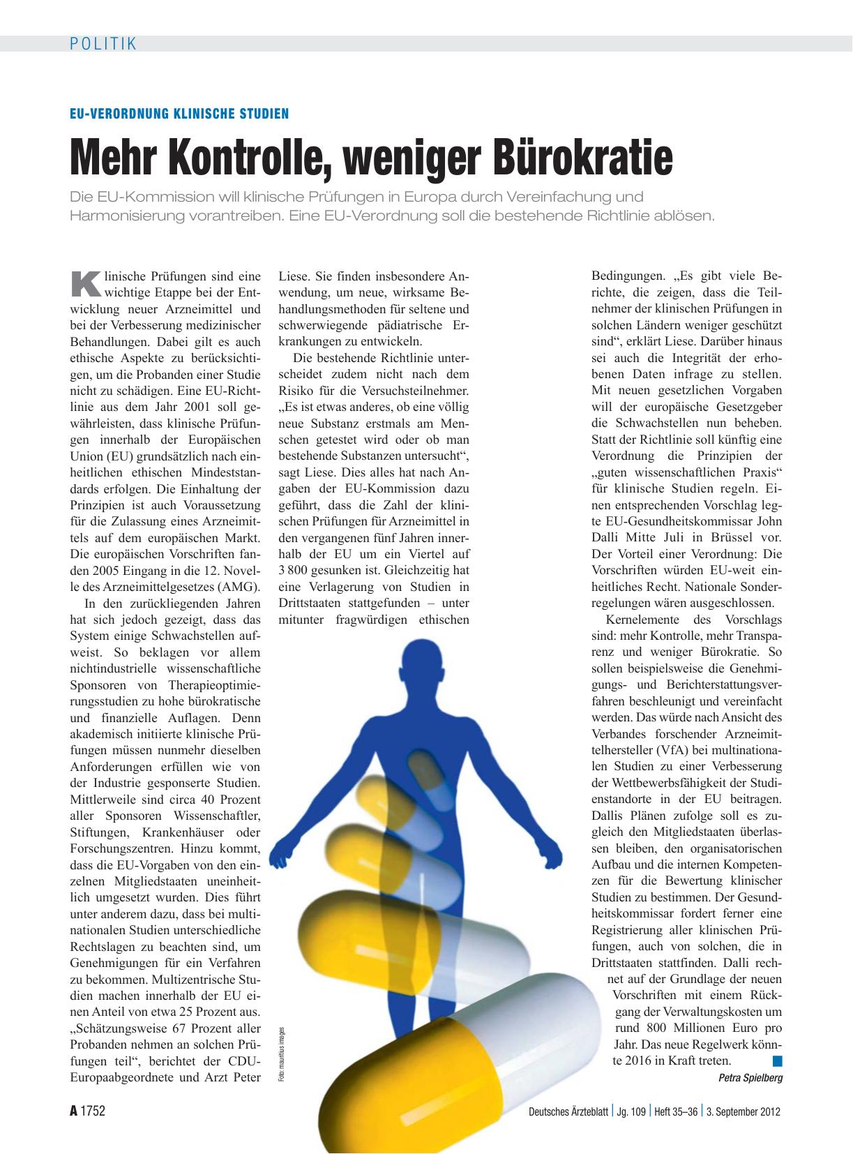 Vorschauseite 1: EU-Verordnung klinische Studien: Mehr Kontrolle, weniger Bürokratie