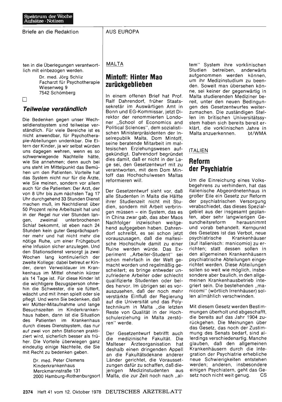 Vorschauseite 1: ITALIEN: Reform der Psychiatrie