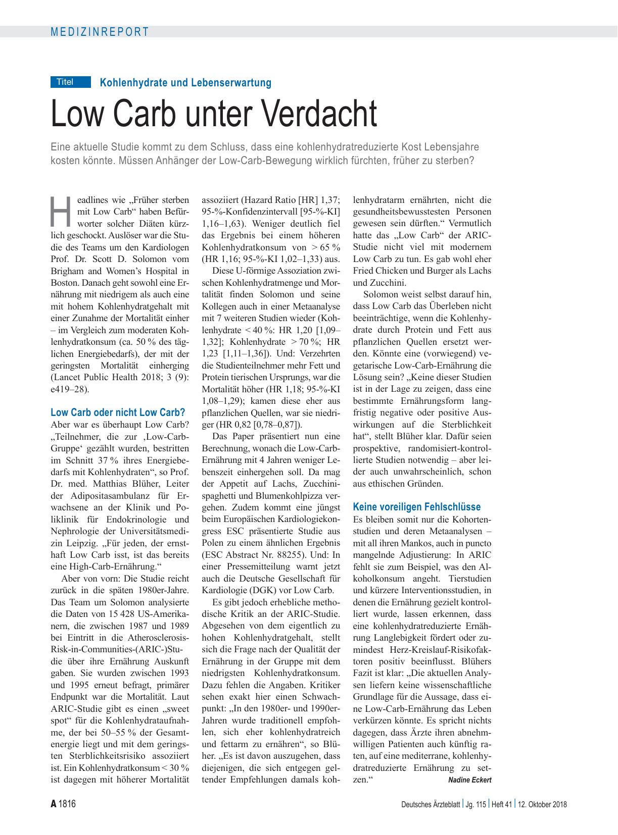 Vorschauseite 1: Kohlenhydrate und Lebenserwartung: Low Carb unter Verdacht