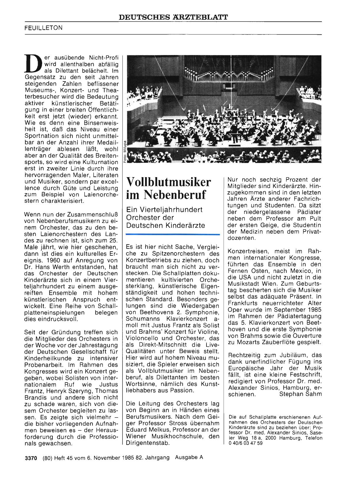 Vorschauseite 1: FEUILLETON: Vollblutmusiker im Nebenberuf - Ein Vierteljahrhundert Orchester der Deutschen Kinderärzte