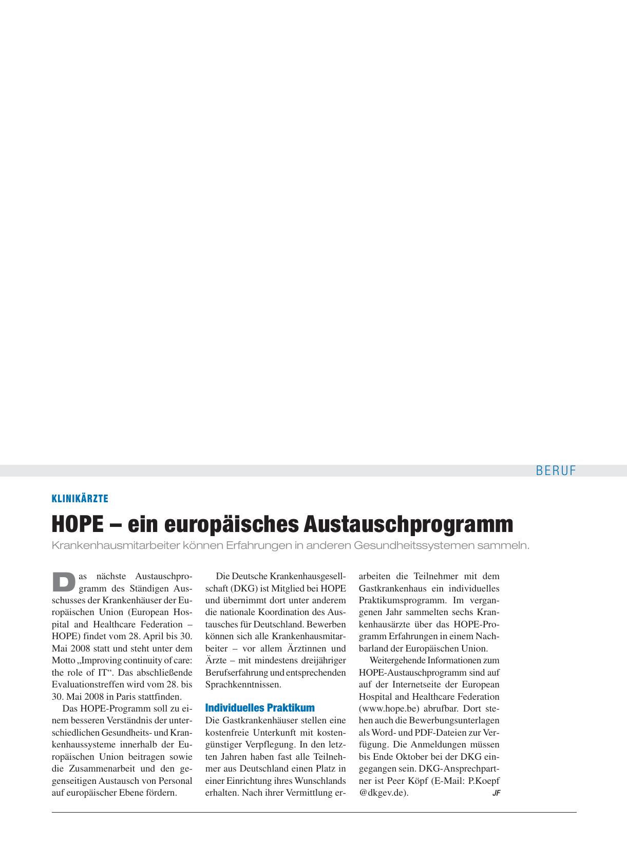 Vorschauseite 1: Klinikärzte: HOPE – ein europäisches Austauschprogramm