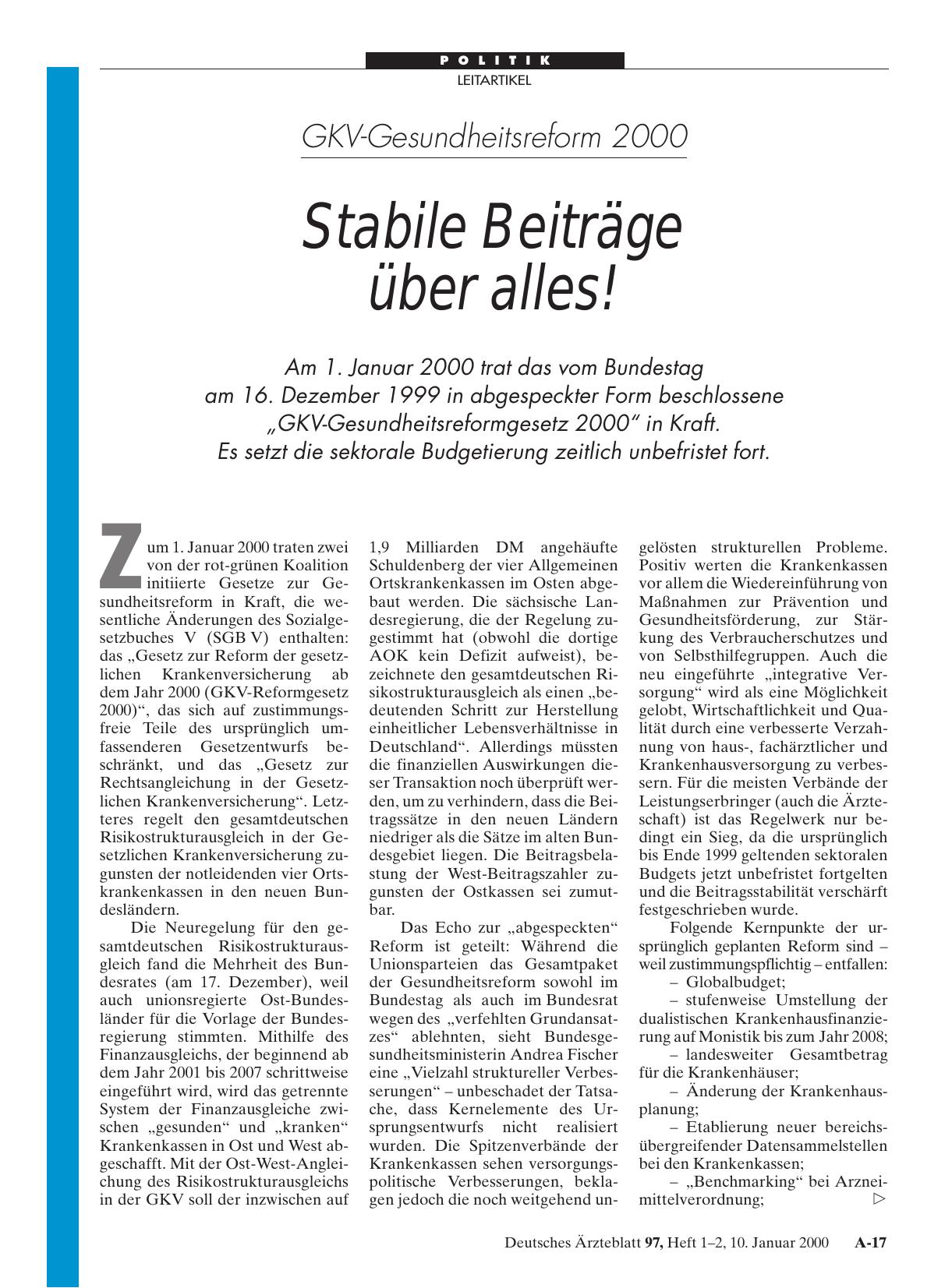 Vorschauseite 1: GKV-Gesundheitsreform 2000: Stabile Beiträge über alles!