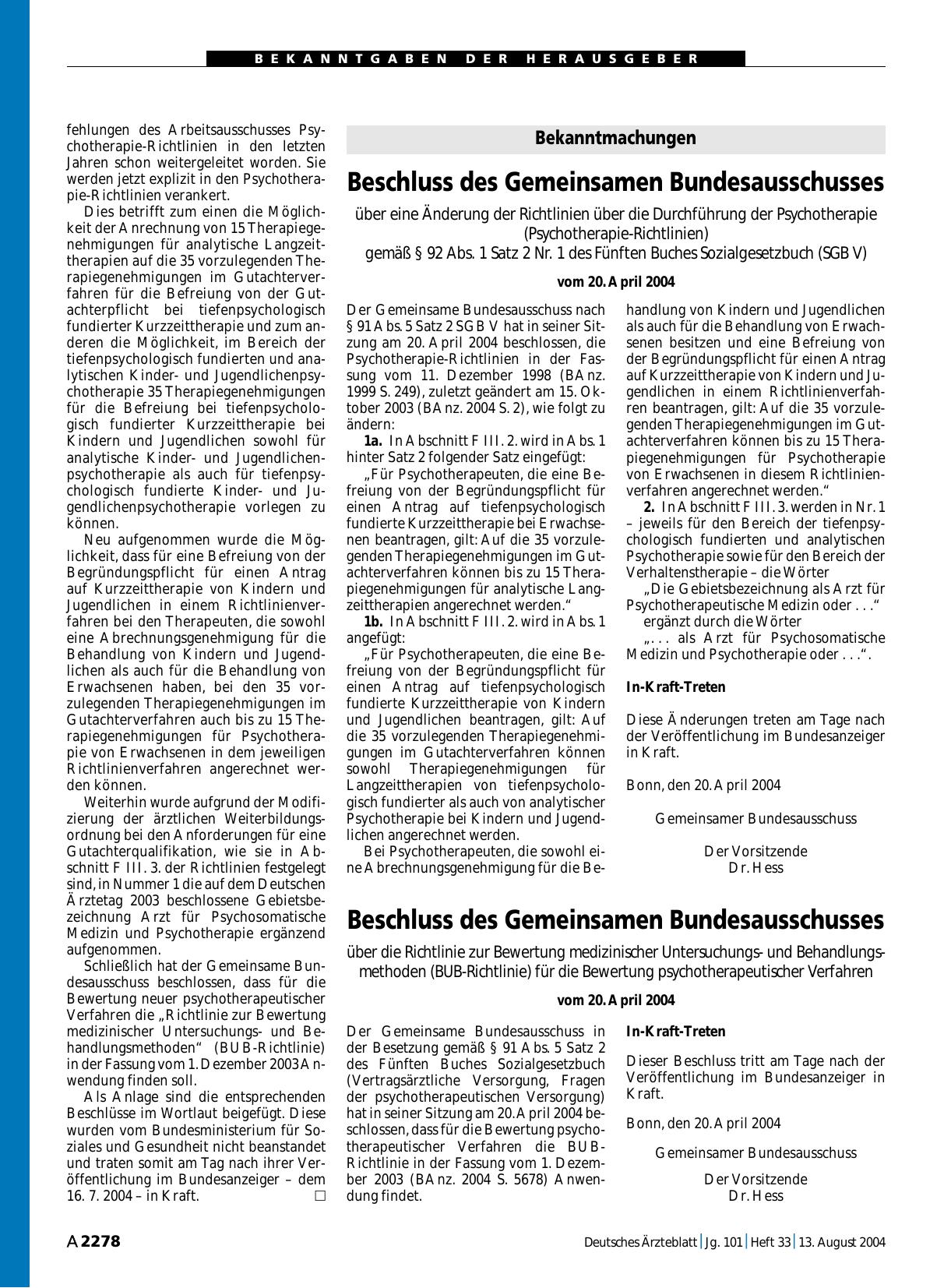 Vorschauseite 1: Beschluss des Gemeinsamen Bundesausschusses über die Richtlinie zur Bewertung medizinischer Untersuchungsund Behandlungsmethoden (BUB-Richtlinie) für die Bewertung psychotherapeut…