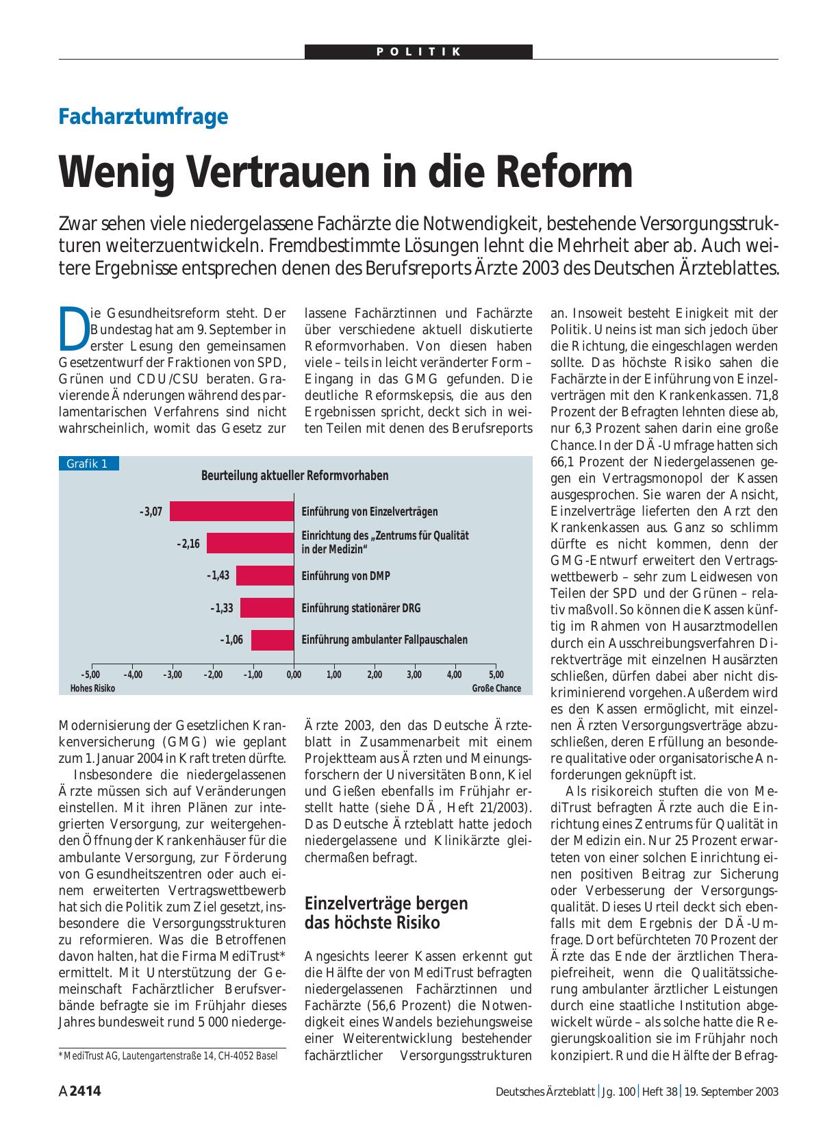 Vorschauseite 1: Facharztumfrage: Wenig Vertrauen in die Reform