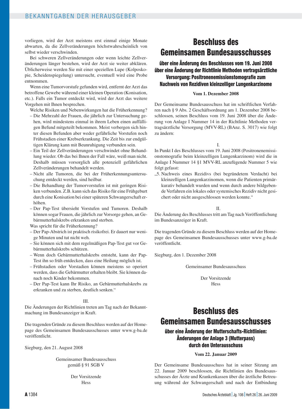 Vorschauseite 1: Beschluss des Gemeinsamen Bundesausschusses über eine Änderung der Mutterschafts-Richtlinien: Änderungen der Anlage 3 (Mutterpass) durch den Unterausschuss