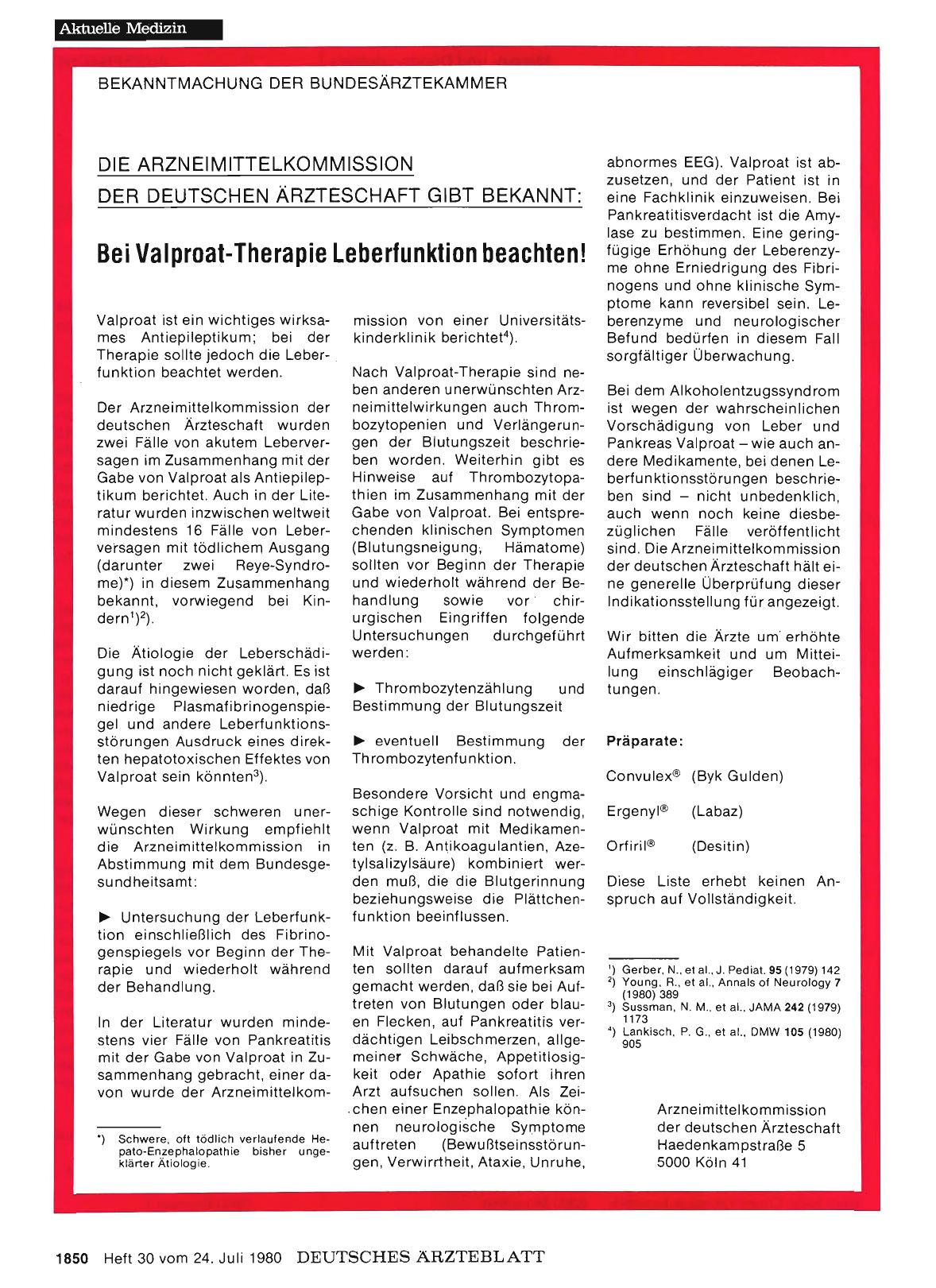 Vorschauseite 1: Bei Valproat-Therapie Leberfunktion beachten!