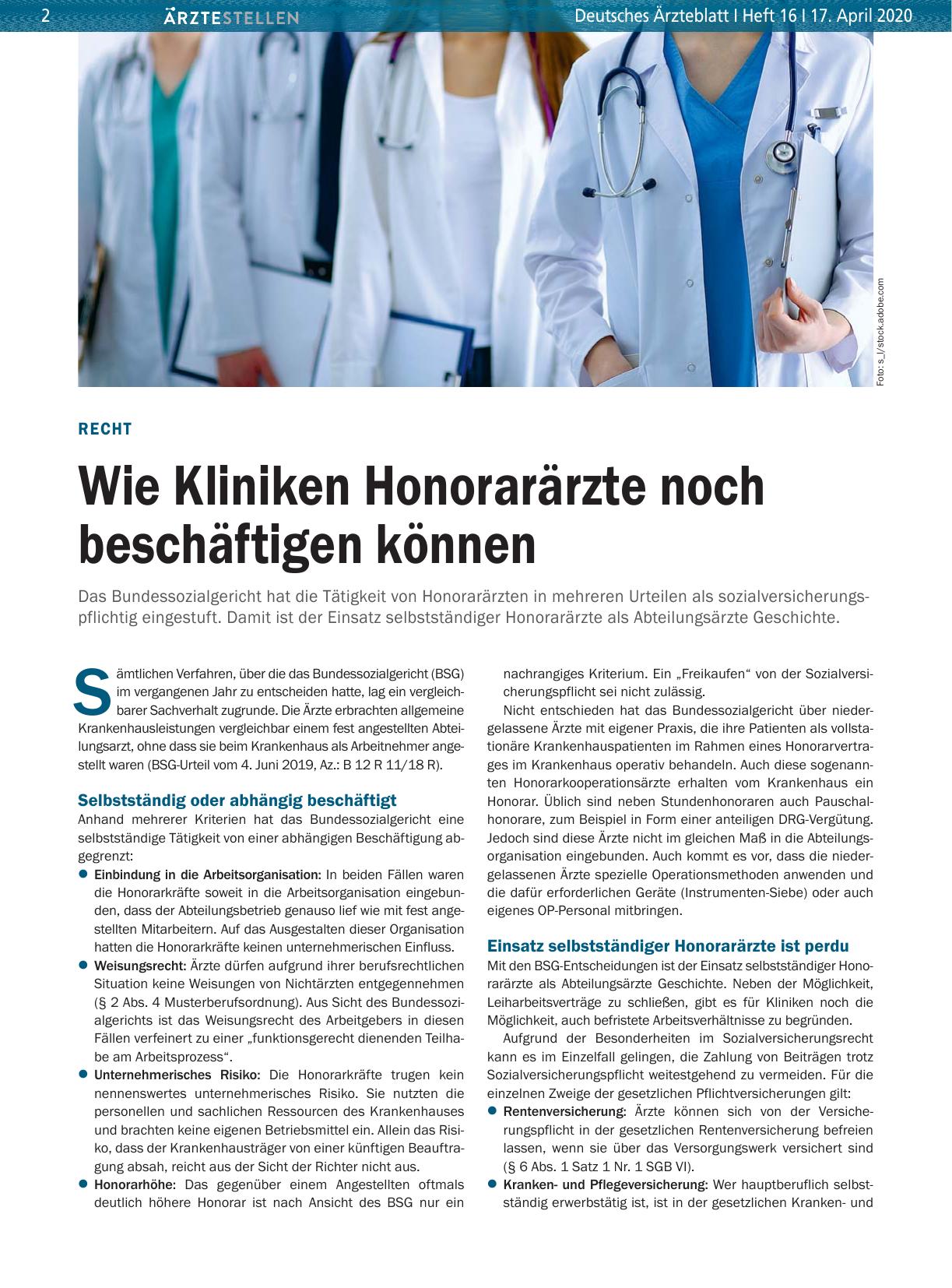 Vorschauseite 1: Recht: Wie Kliniken Honorarärzte noch beschäftigen können