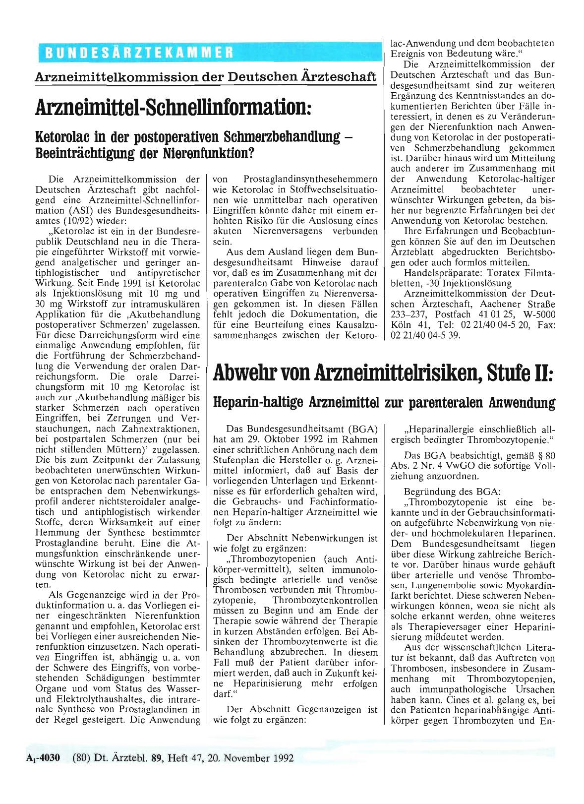 Vorschauseite 1: Arzneimittelkommission der Deutschen Ärzteschaft: Arzneimittel-Schnellinformation: Ketorolac in der postoperativen Schmerzbehandlung — Beeinträchtigung der Nierenfunktion?