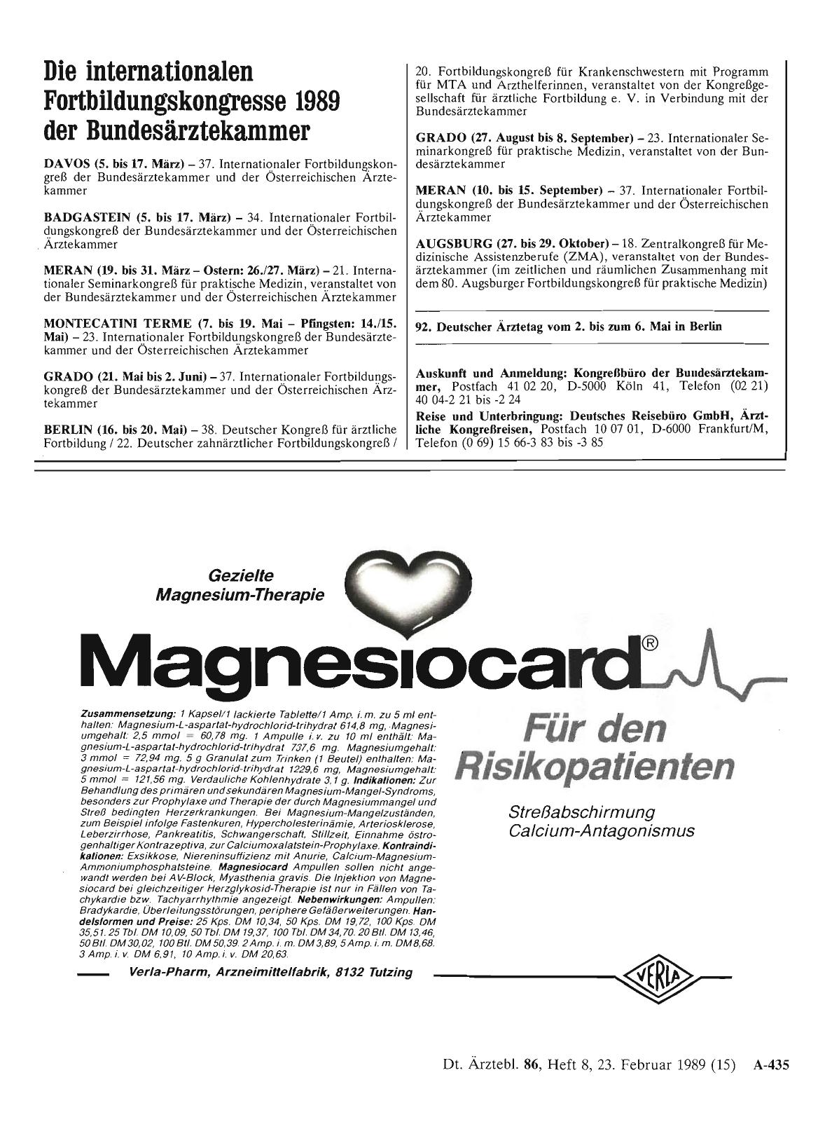 Vorschauseite 1: Die internationalen Fortbildungskongresse 1989 der Bundesärztekammer