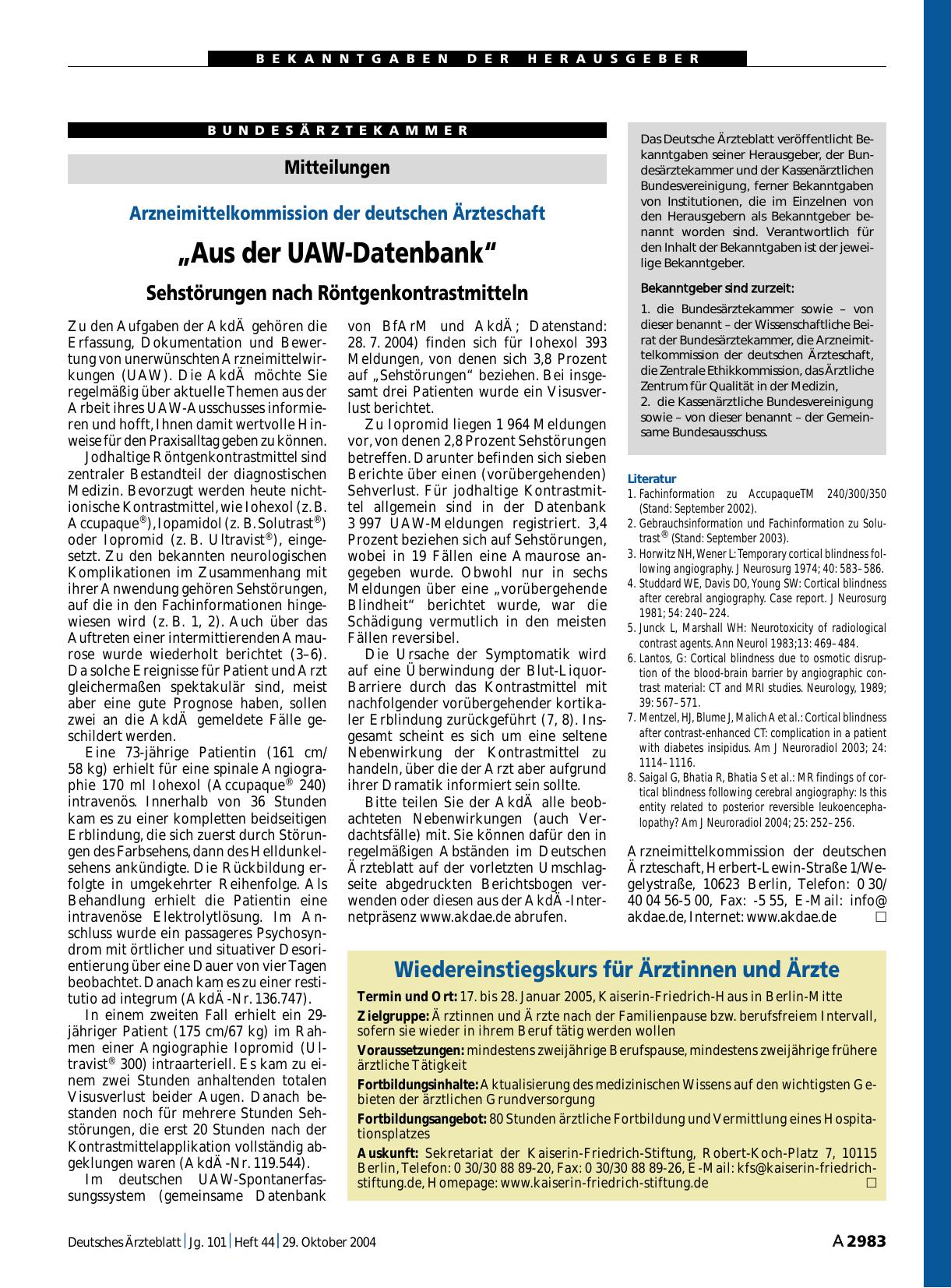 Vorschauseite 1: „Aus der UAW-Datenbank“: Sehstörungen nach Röntgenkontrastmitteln