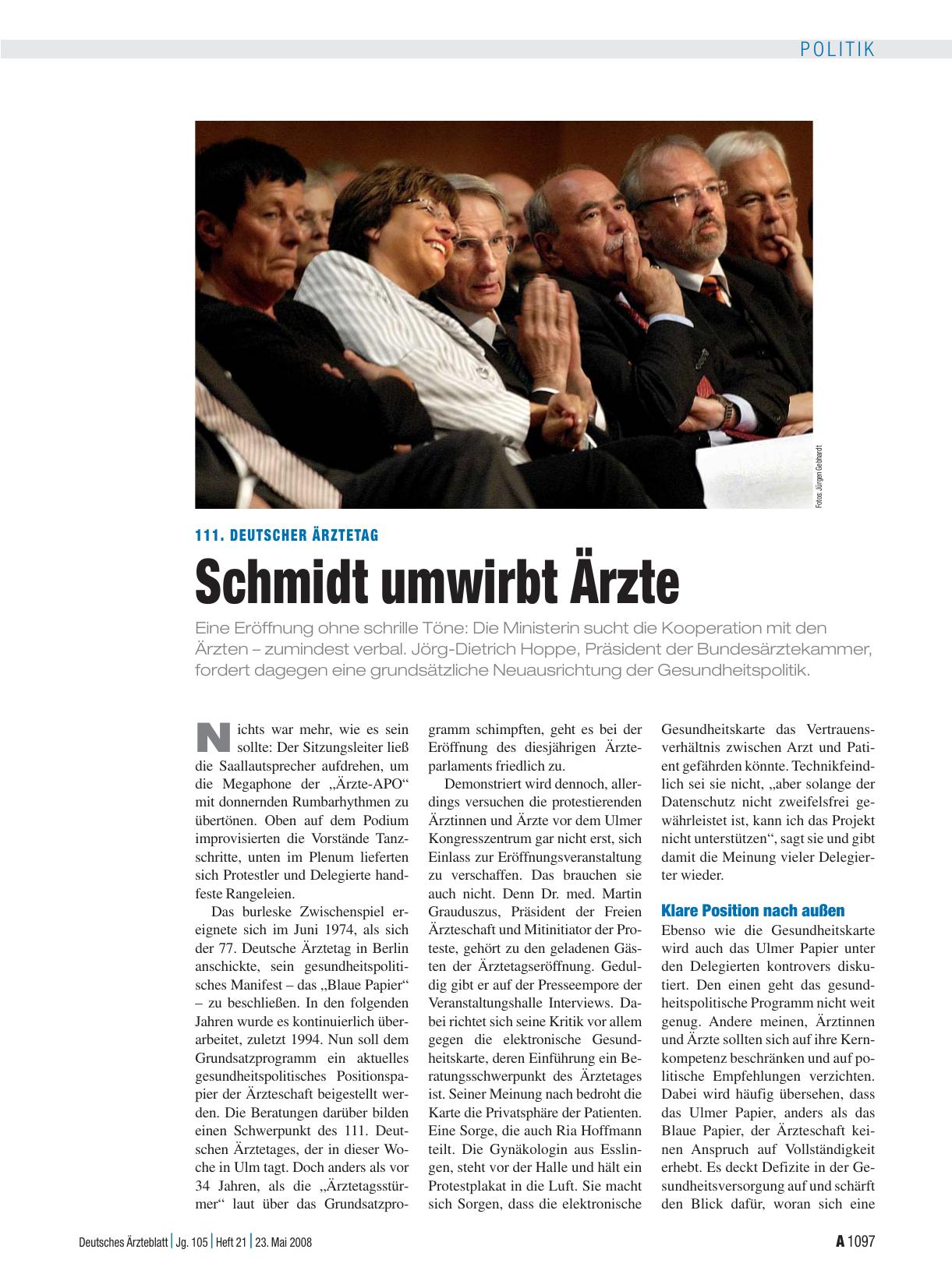 Vorschauseite 1: 111. Deutscher Ärztetag: Schmidt umwirbt Ärzte