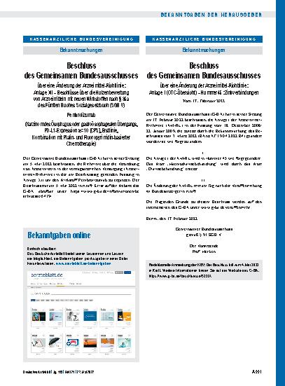 Vorschauseite 1: Beschluss des Gemeinsamen Bundesausschusses über eine Änderung der Arzneimittel-Richtlinie: Pembrolizumab (Karzinom des Ösophagus oder gastroösophagealen Übergangs, PD-L1-Expressi…